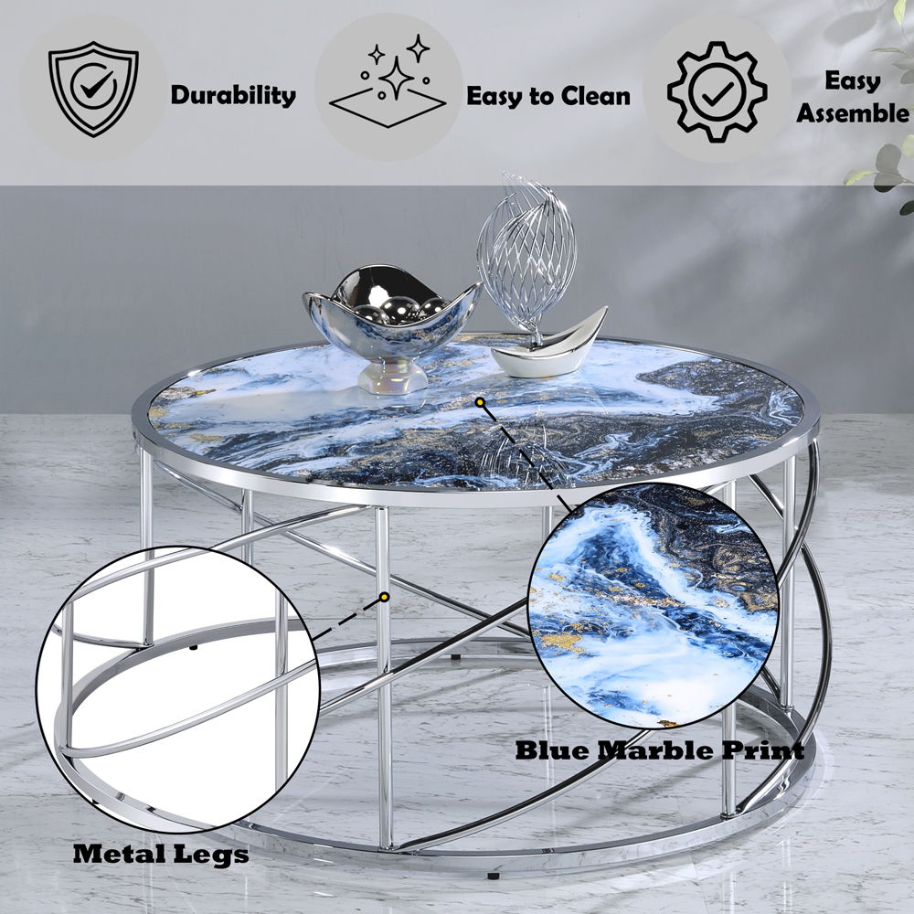 Lyda - Coffee Table - Blue Marble Print & Chrome, blue