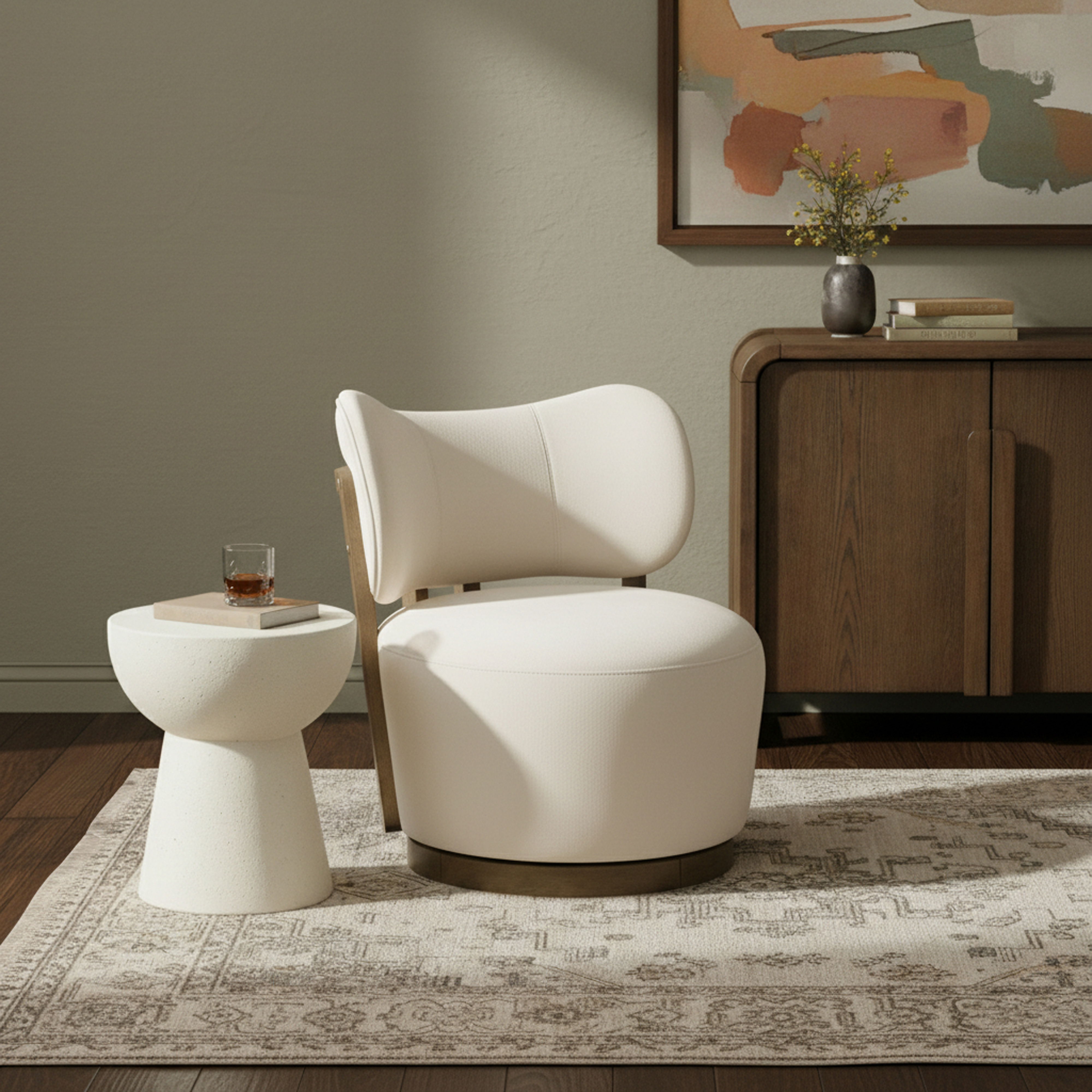 Elara - Velvet Upholstered Swivel Accent Chair - Cream / Stained Brown