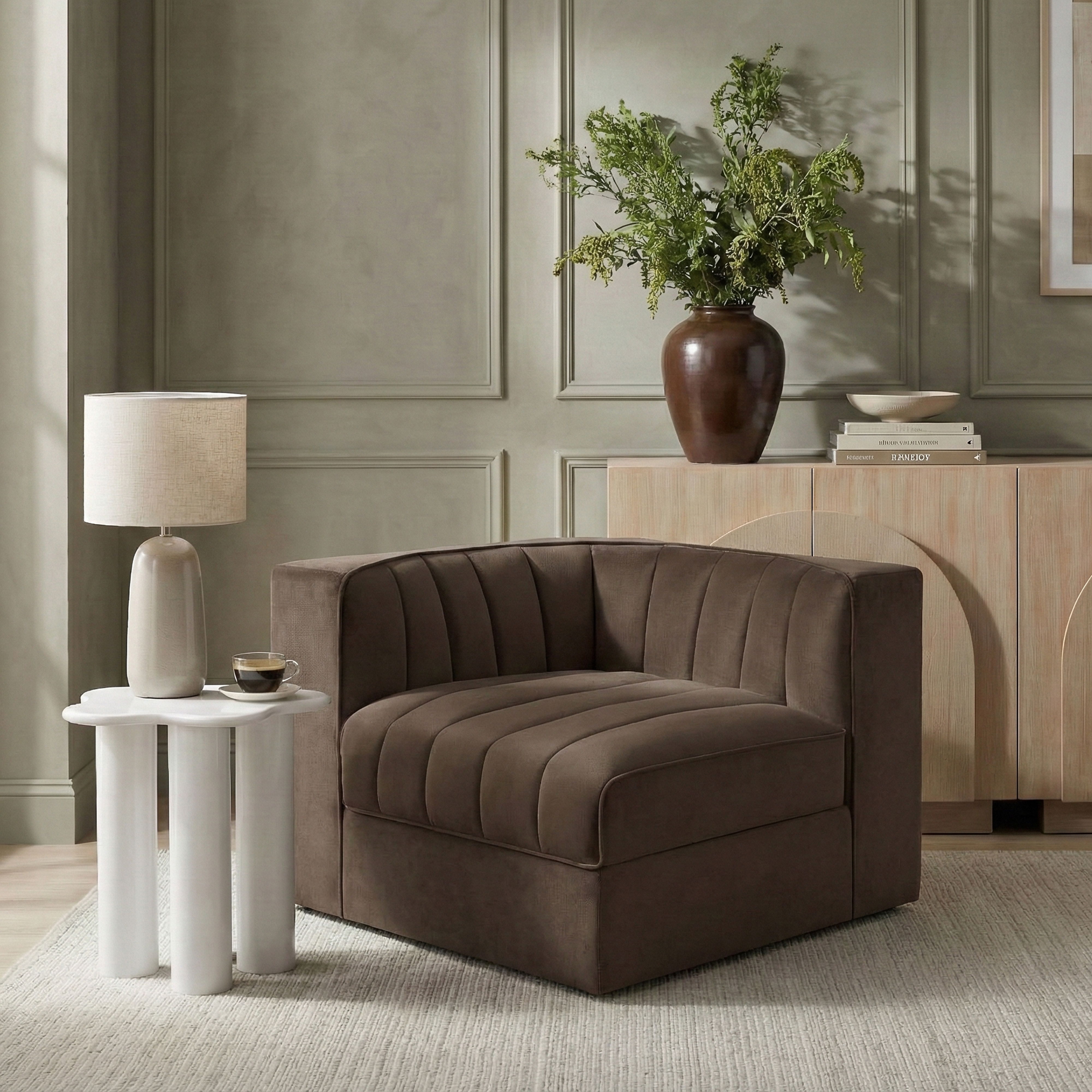 Rummi - Velvet Performance Fabric Upholstered Modular Corner Chair - Brown