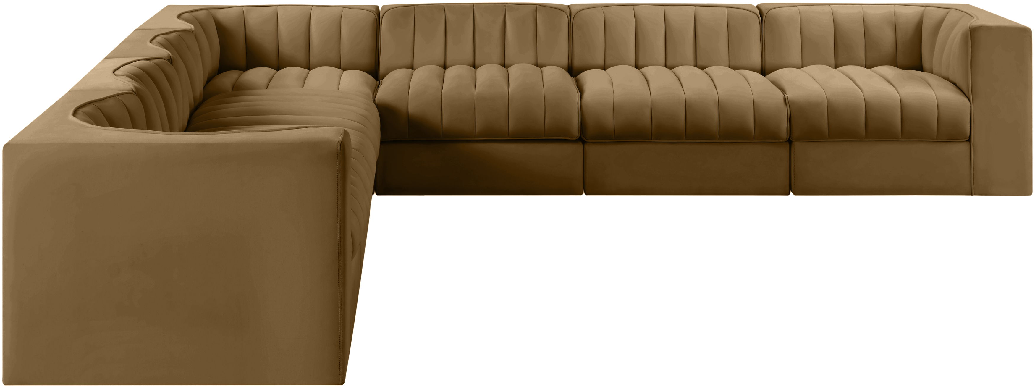 Rummi - Symmetrical Velvet Performance Fabric Upholstered 7 Piece Modular Sectional (With 3 Corner Chairs) - Saddle