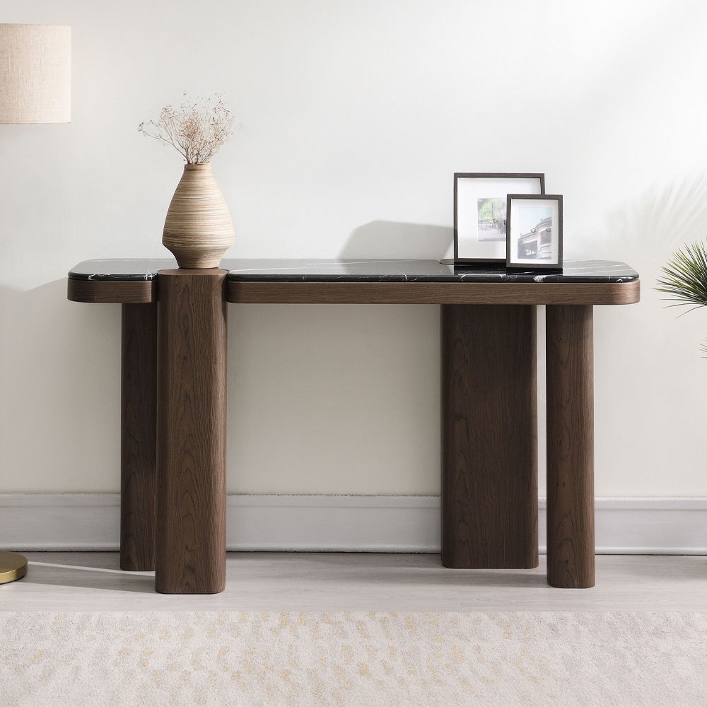Dana - Console Table - Faux Marble Top, Black & Dark Walnut, black