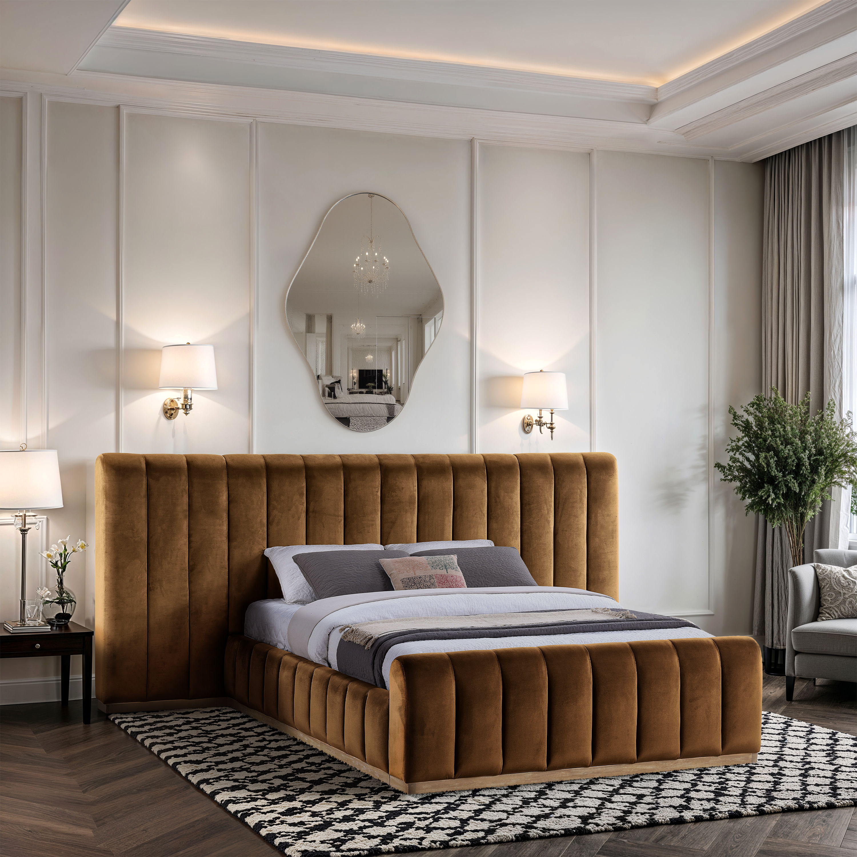 Amara - Velvet Upholstered Queen Bed - Saddle