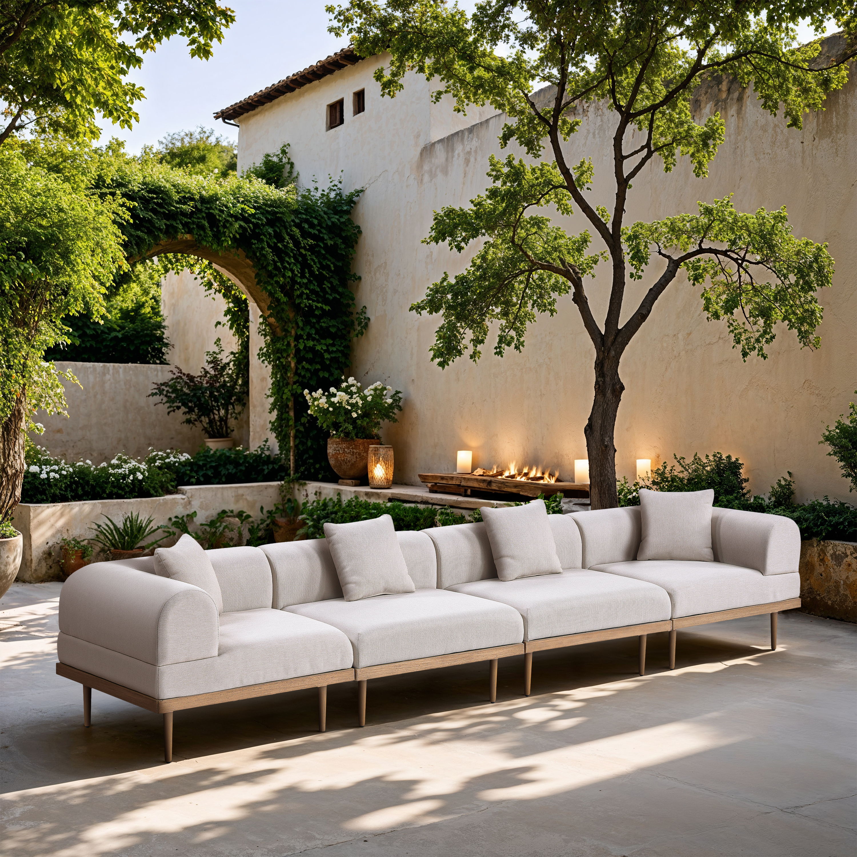Laguna - 4 Piece Resilient Water Resistant Fabric 142" Upholstered Outdoor Patio Modular Sofa - Beige
