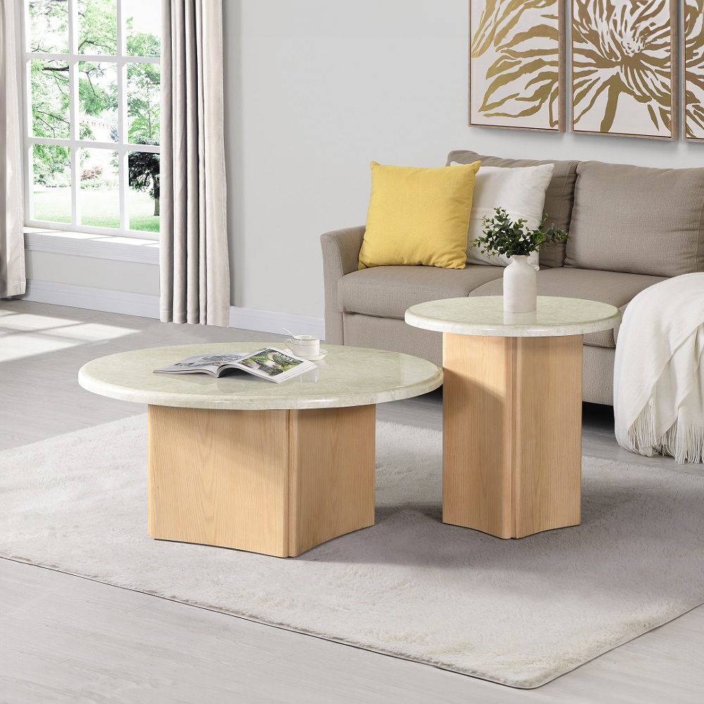 Qwin - Coffee Table With Marble Top - Marble Top & Oak, white, view 5