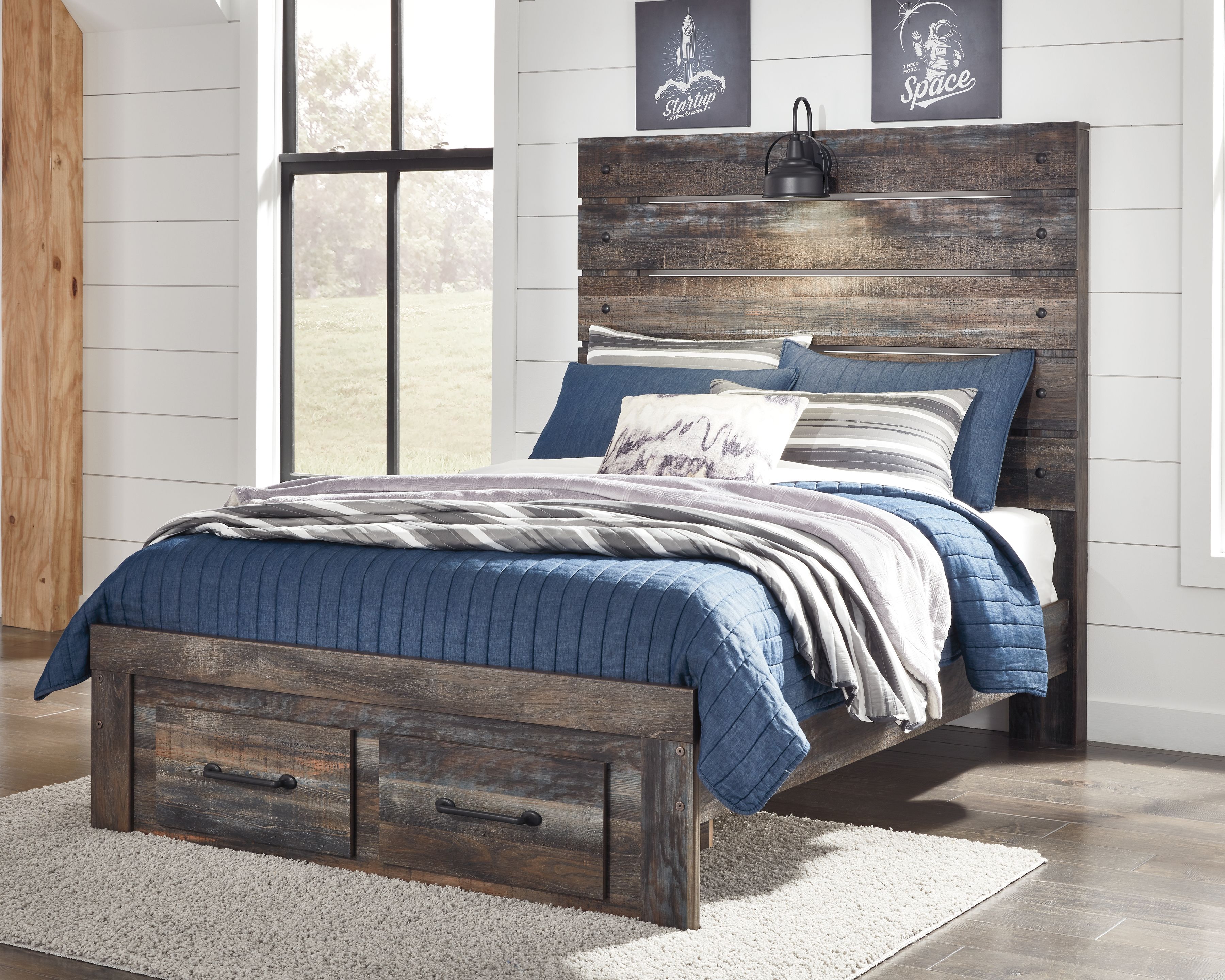 Drystan - Full Panel Bed With 2 Storage Drawers - Brown / Beige