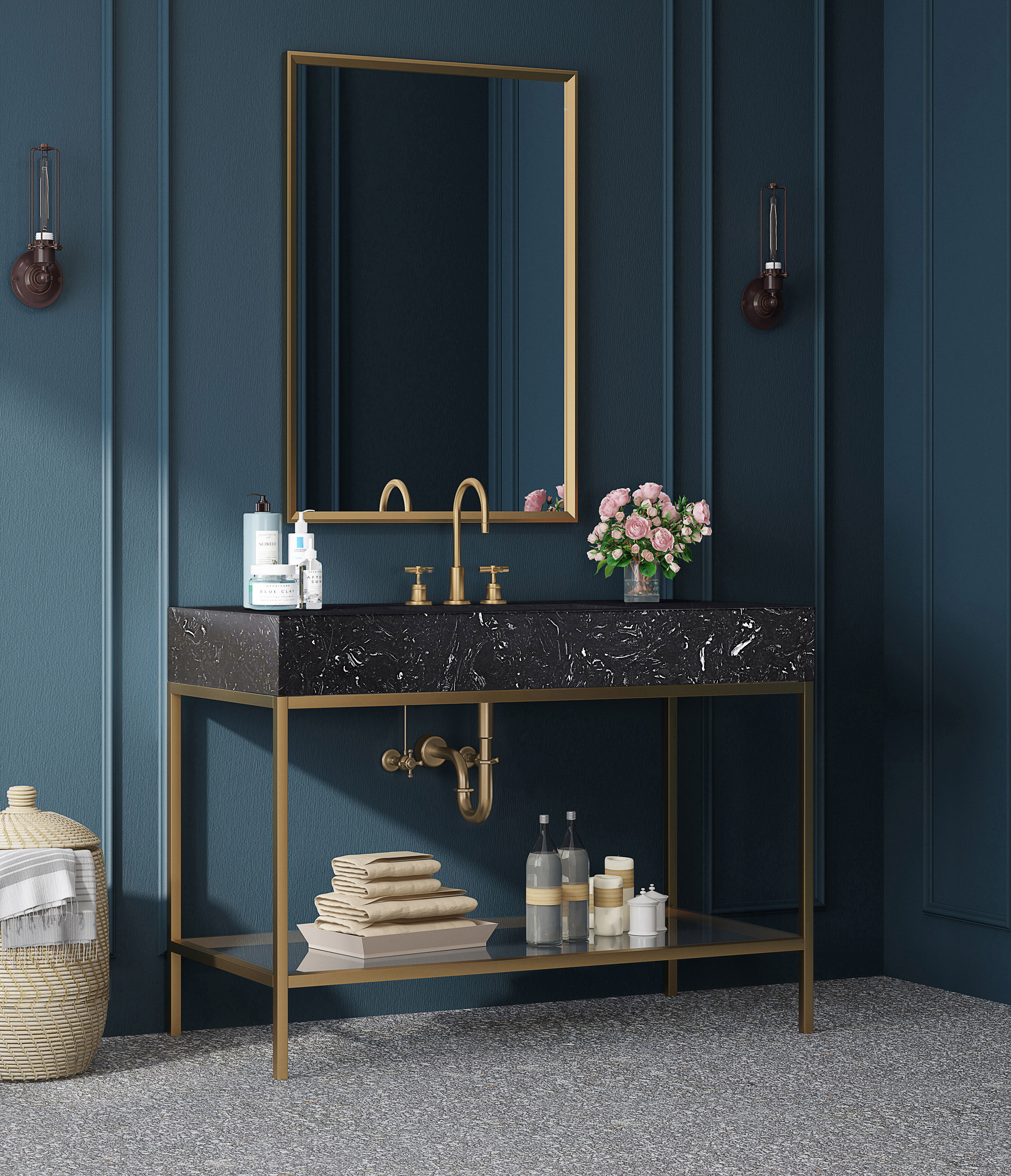 Marmo - 48" Engineered Marble Bathroom Vanity With Gold Base - Black