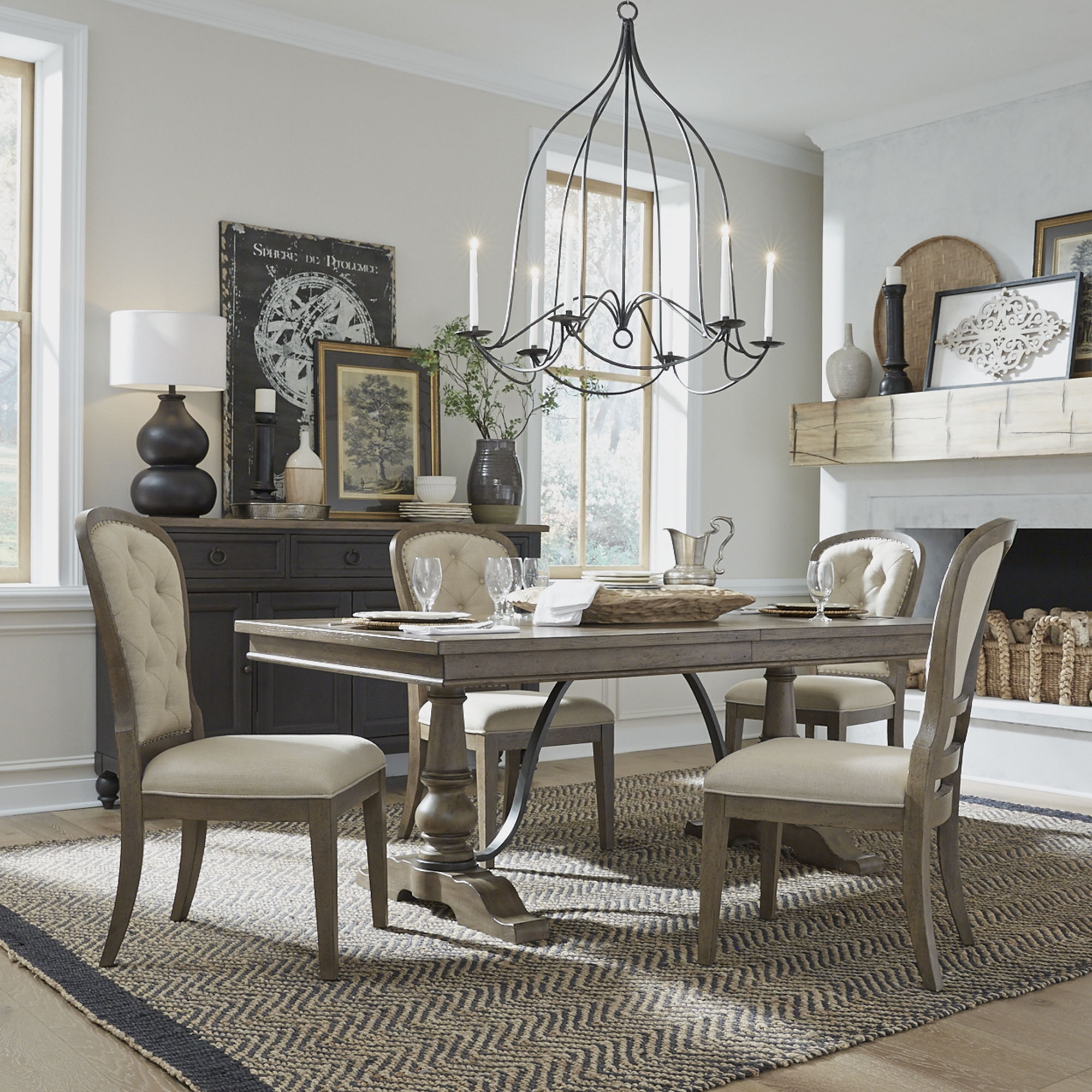 Liberty Furniture Americana Farmhouse - 5 Piece Trestle Table Set With Upholstered Chairs - Light Brown