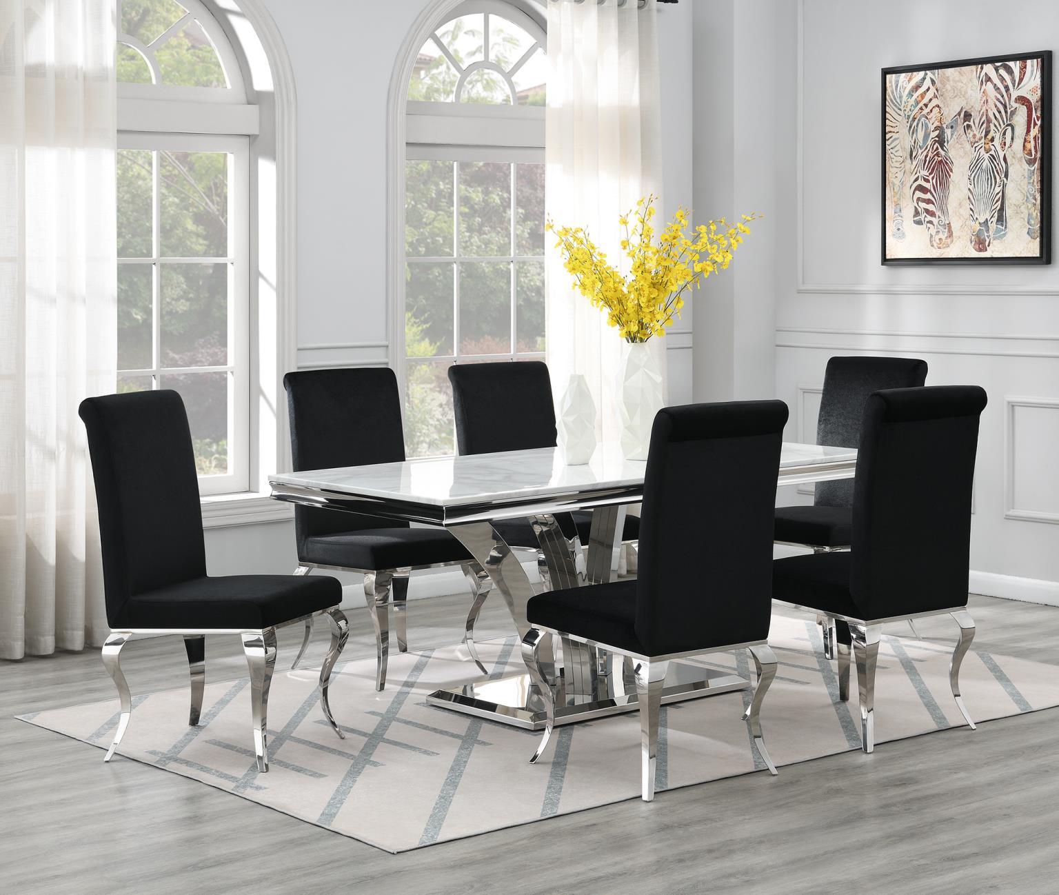 G-083-T-WHITE - 7 Piece Dining Room Set (Marble Table, 6 Velvet Chairs) - Black