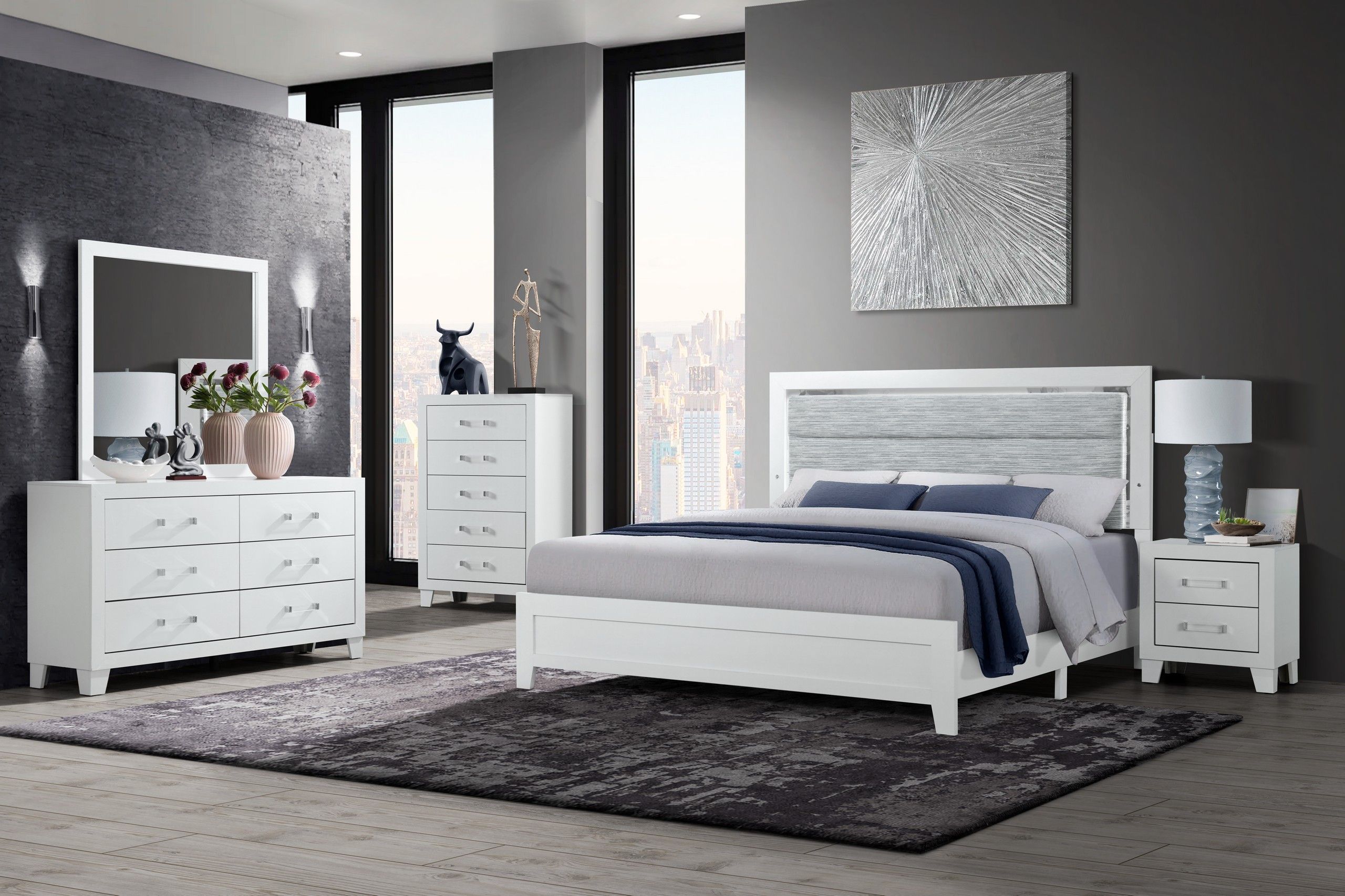 Queen · 4 Pc · Queen Bed With LED, Dresser, Mirror, Nightstand