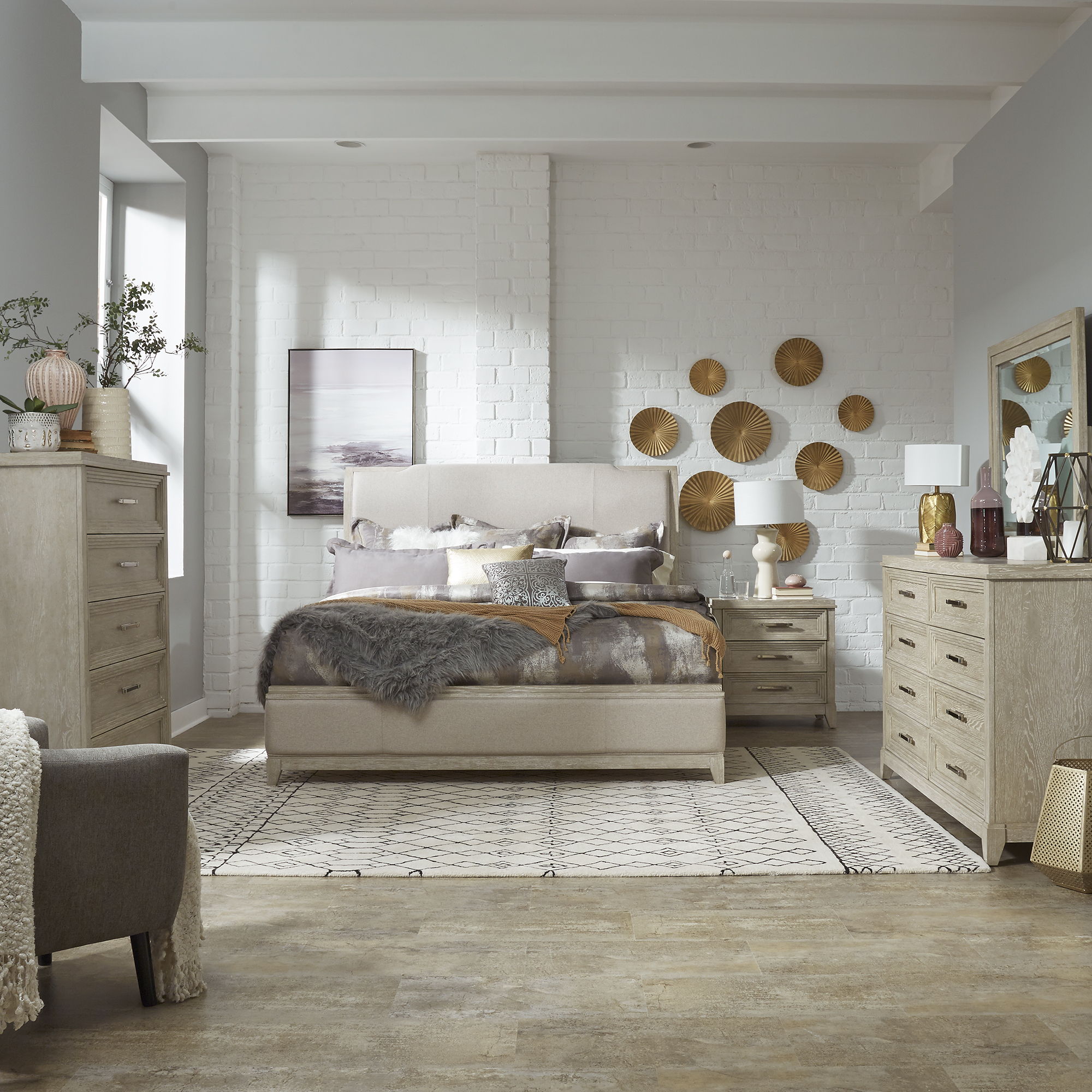 Liberty Furniture Belmar - 5 Piece Bedroom Set (King Upholstered Bed, Dresser & Mirror, Chest, Nightstand) - Washed Taupe