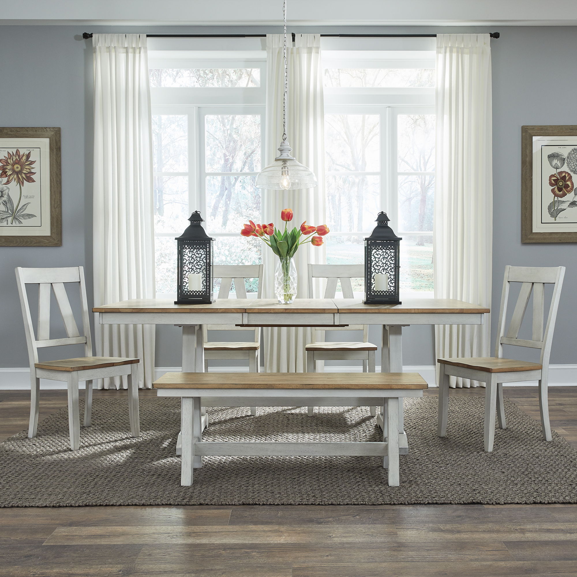 Liberty Furniture Lindsey Farm - 6 Piece Trestle Table Set - Weathered White