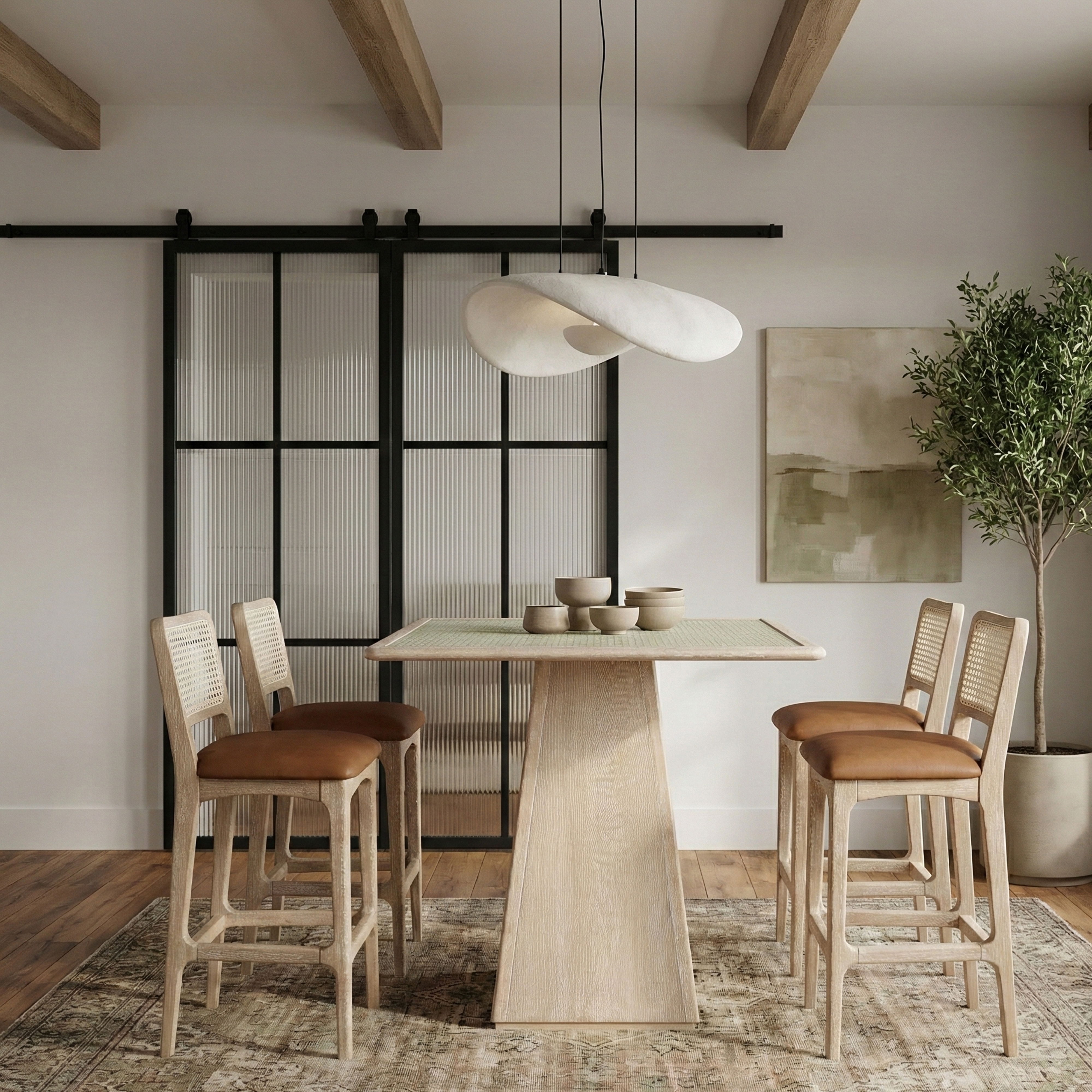 Atrium - Glass And Cane Top With Solid Wood Base Bar Height Table - Natural
