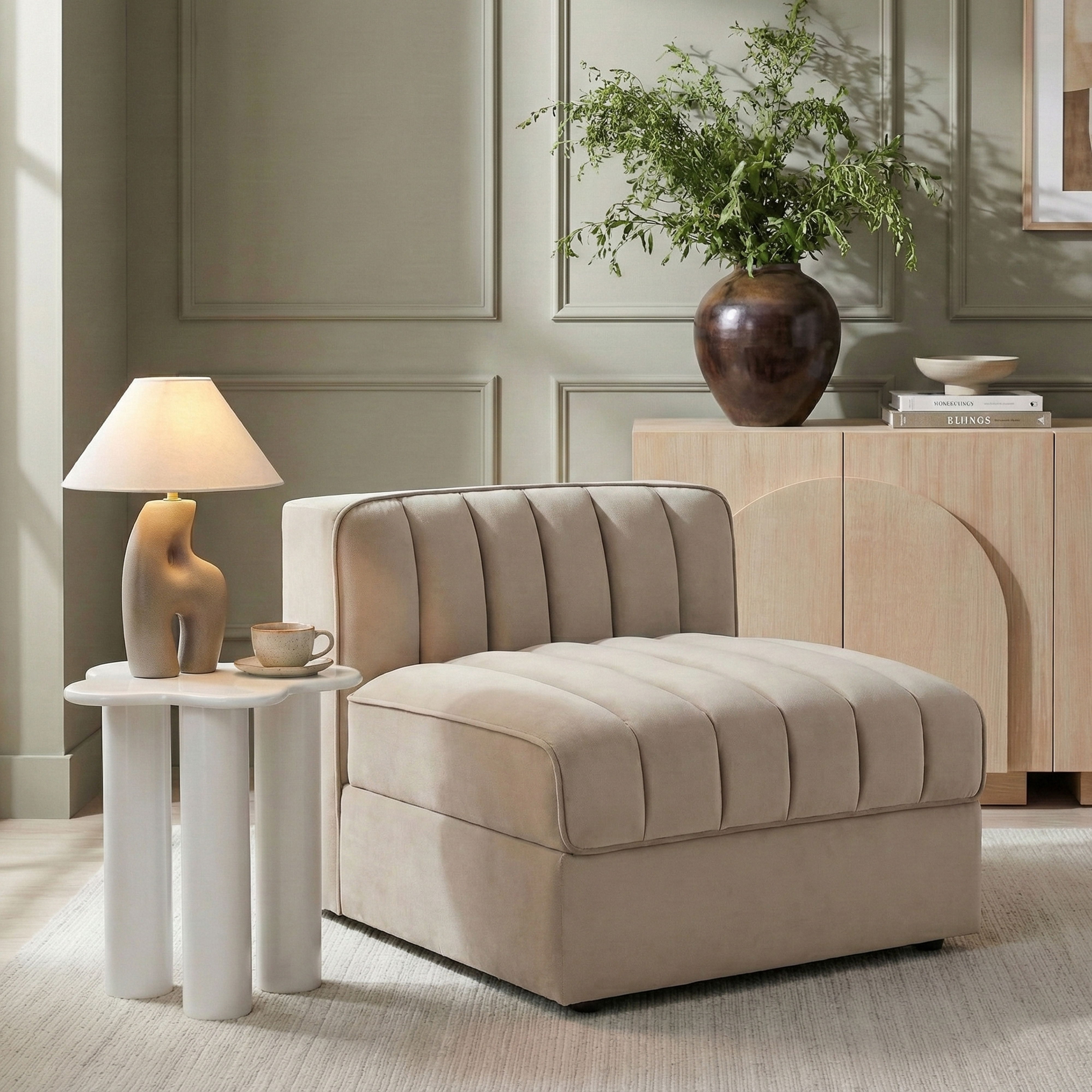 Rummi - Velvet Performance Fabric Upholstered Modular Armless Chair - Beige