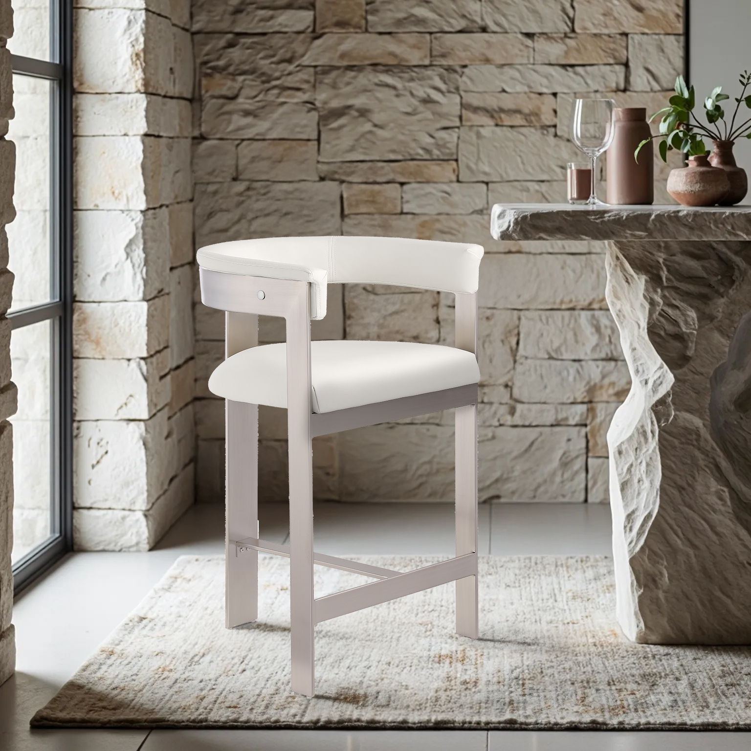 Romeo - Faux Leather Counter Stool With Silver Base (Set of 2) - Cream