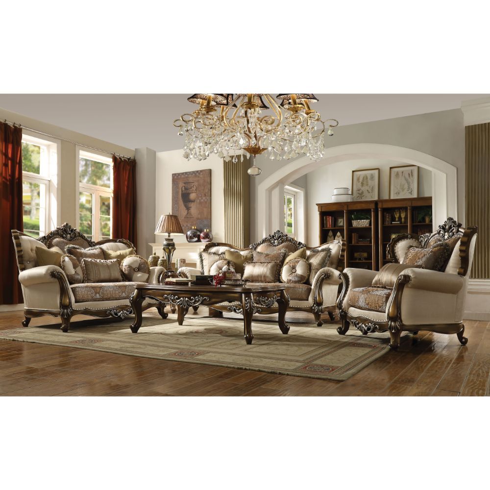 Latisha - Loveseat With 6 Pillows (Same Lv01577) - Tan, Pattern Fabric & Antique Oak, beige