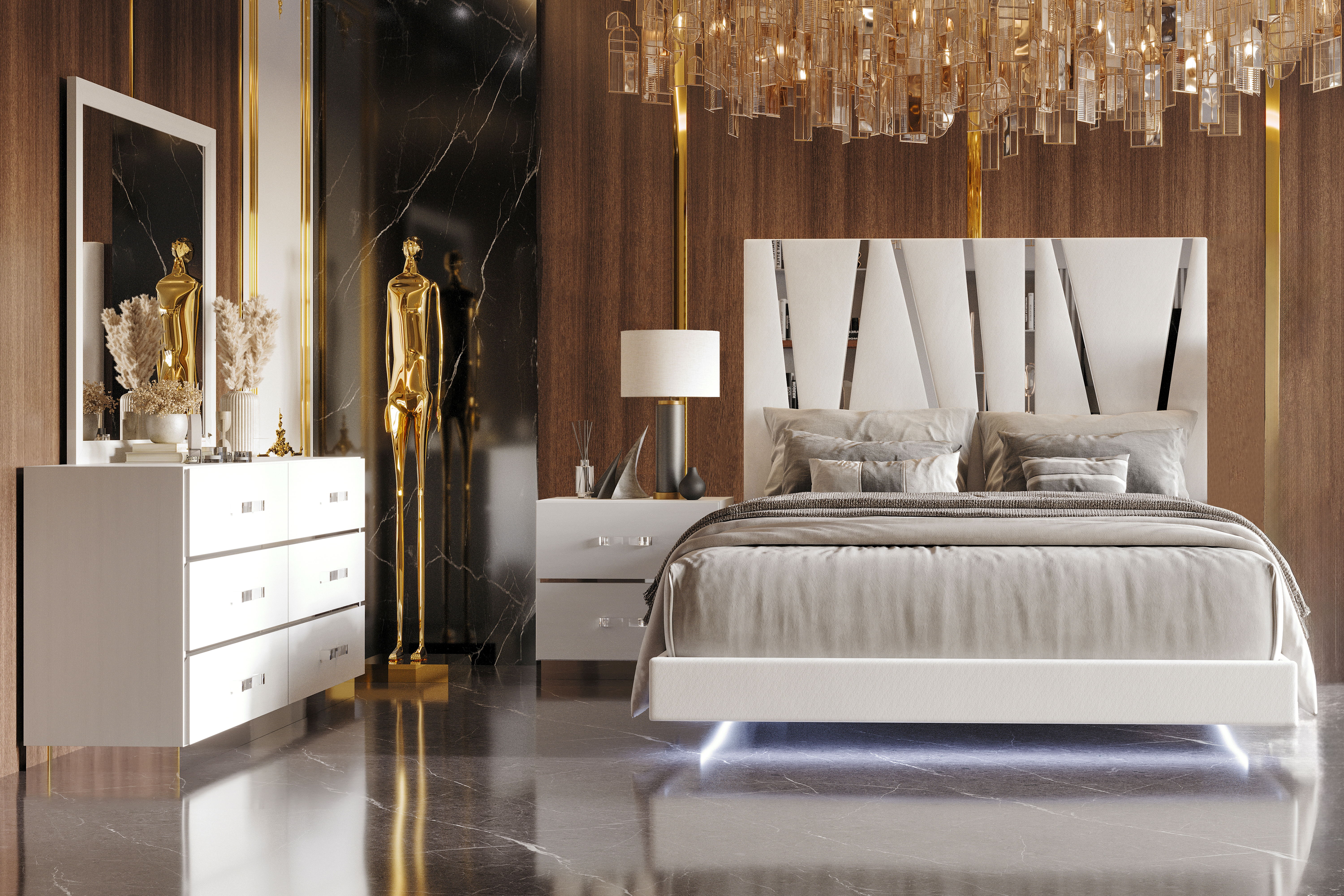 Europa - 6/0 Western King 4 Piece Bedroom Set (Bed, Dresser, Mirror, Nightstand) - White