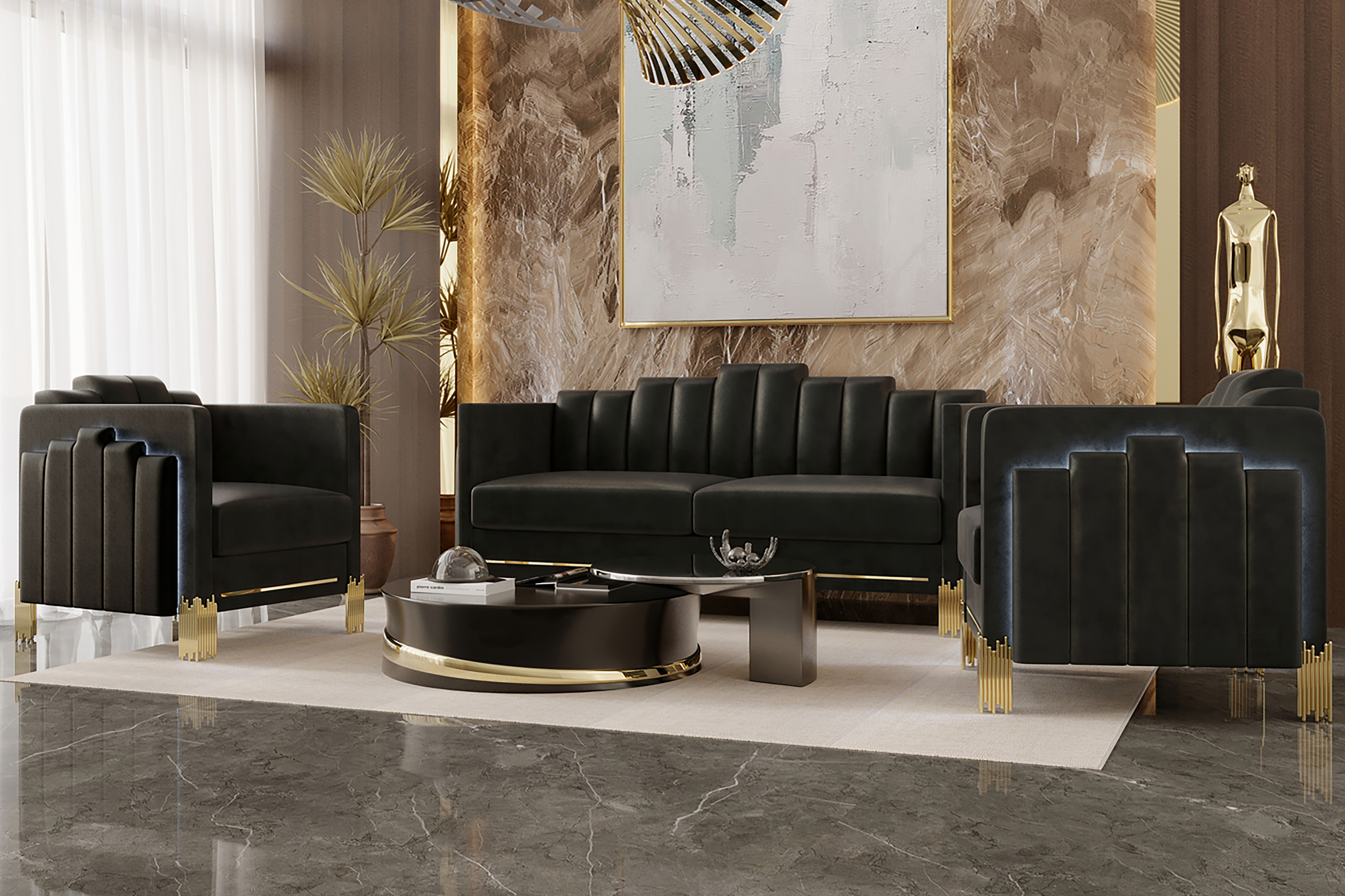 Empire - 3 Piece Sofa & Loveseat & Chair - Black