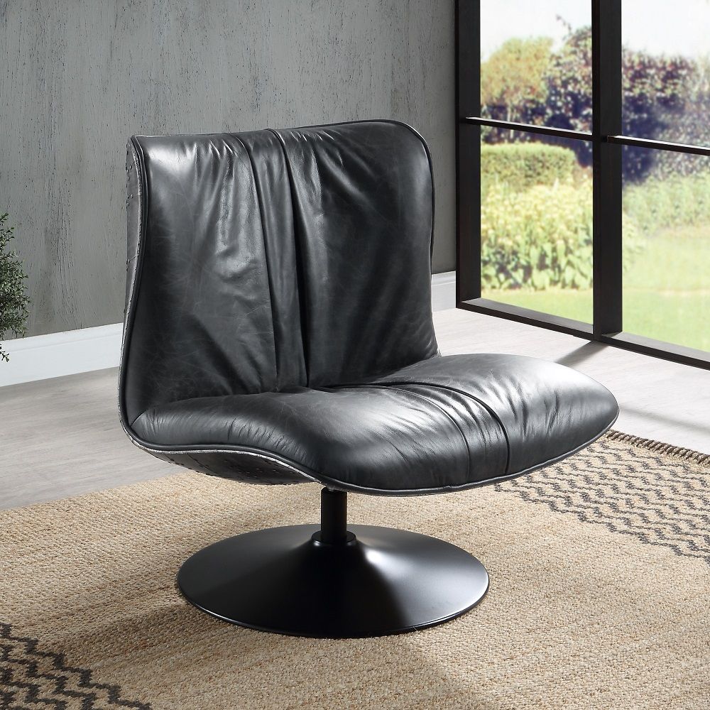 Piotr - Accent Chair With Swivel - Black Top Grain Leather, black