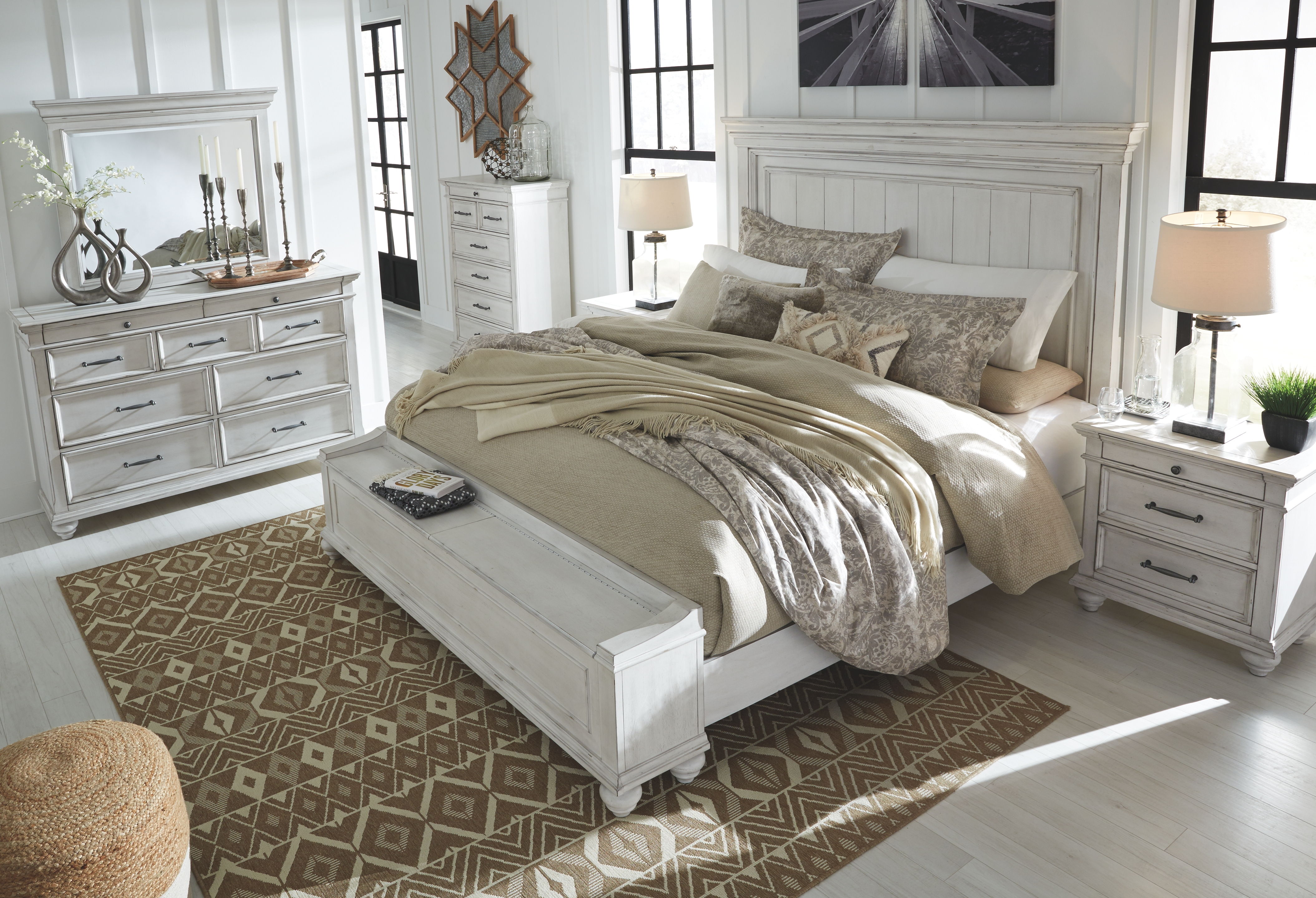 Ashley Furniture Kanwyn - 8 Pc. - Dresser, Mirror, Chest, King Panel Bed with Storage Bench, 2 Nightstands - Whitewash - Image 7