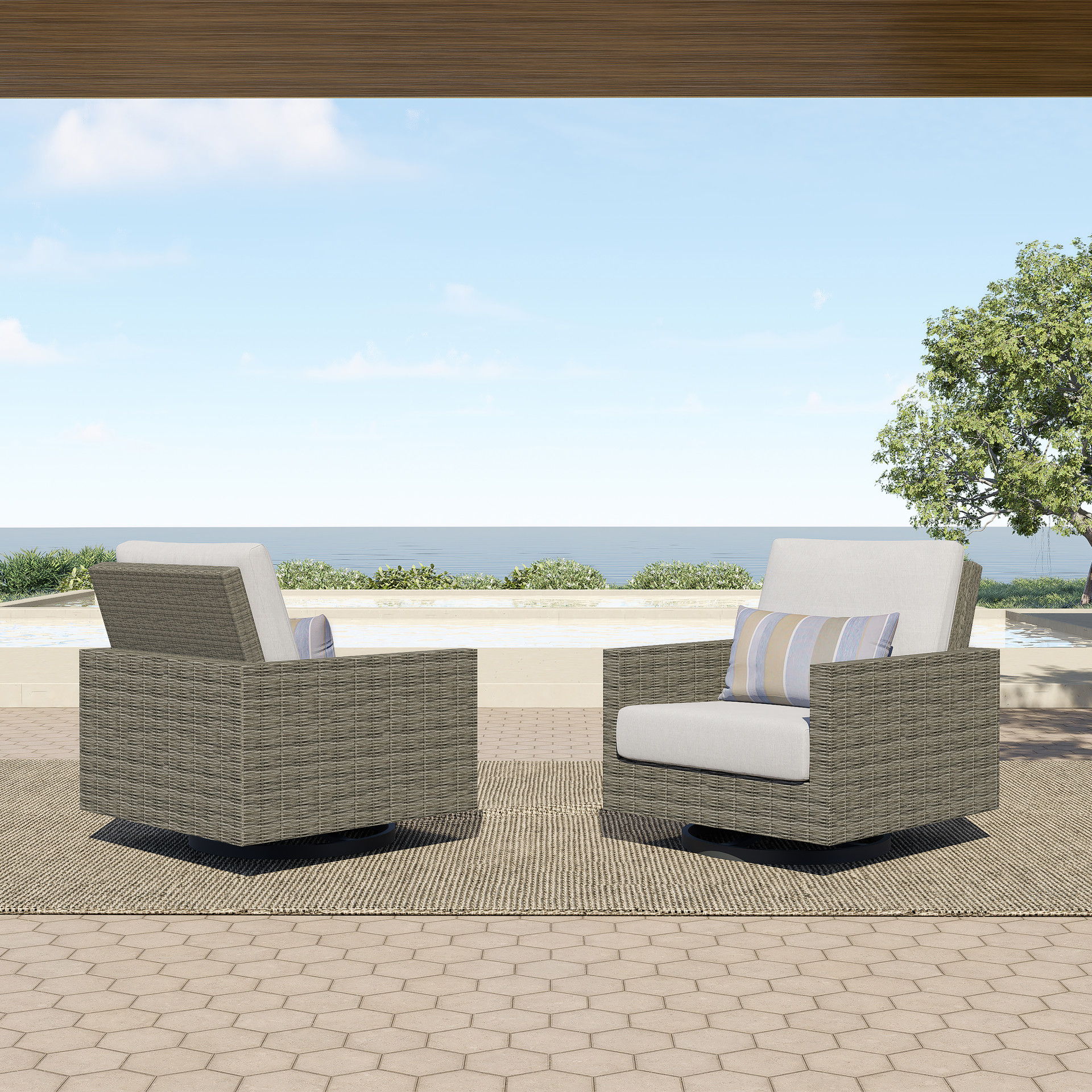 Bungalow - Patio Swivel Club Chair With Accent Pillow (Set of 2) - Gray, dark gray