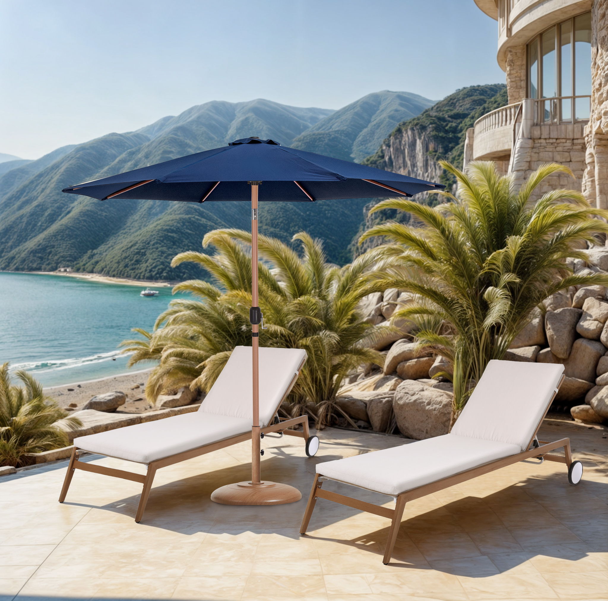 Fiji - Aluminum Patio Umbrella With Round Teak Base - Navy