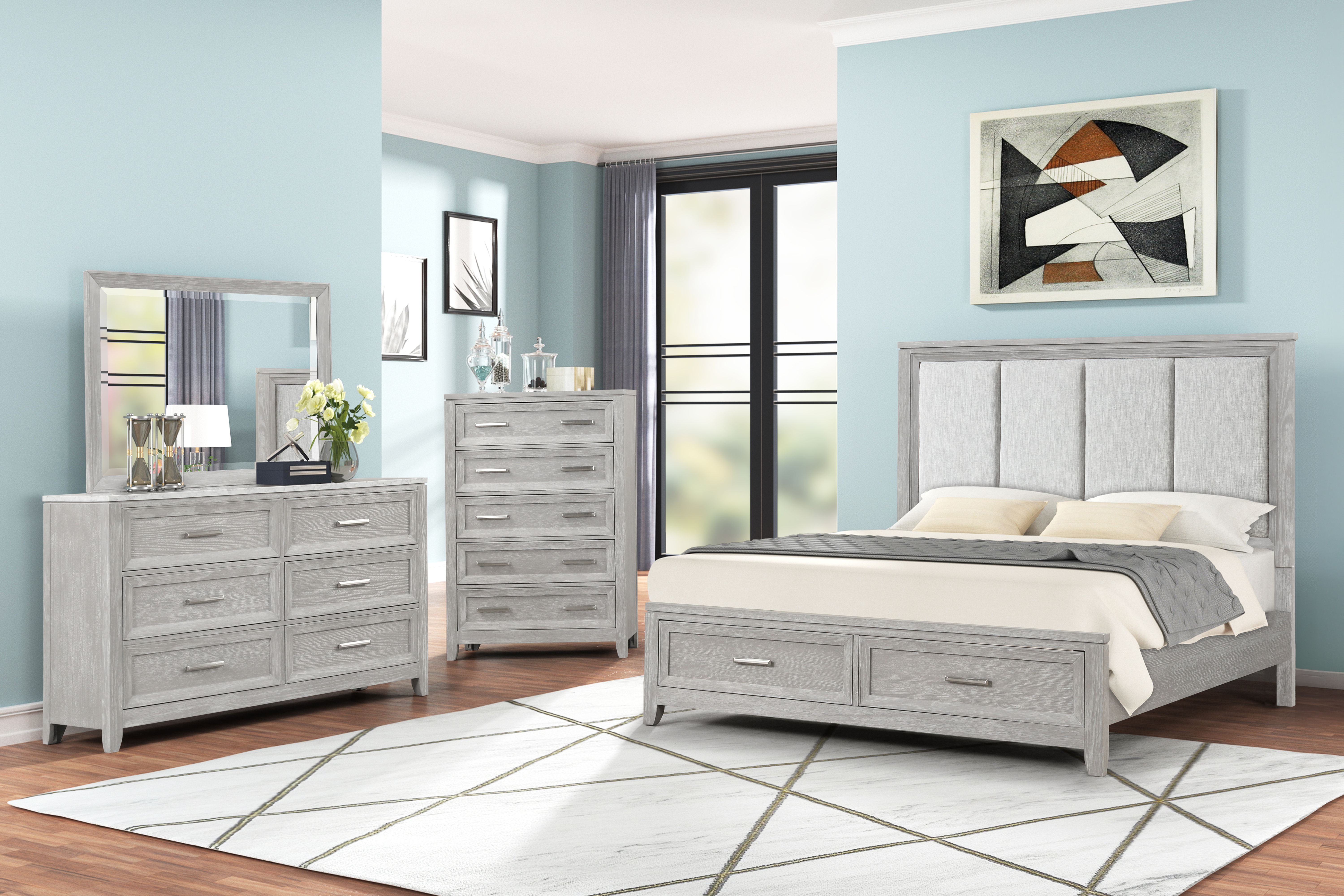 Fiona - 6/6 King 4 Piece Bedroom Set (Bed & Dresser & Mirror & Chest) - Gray
