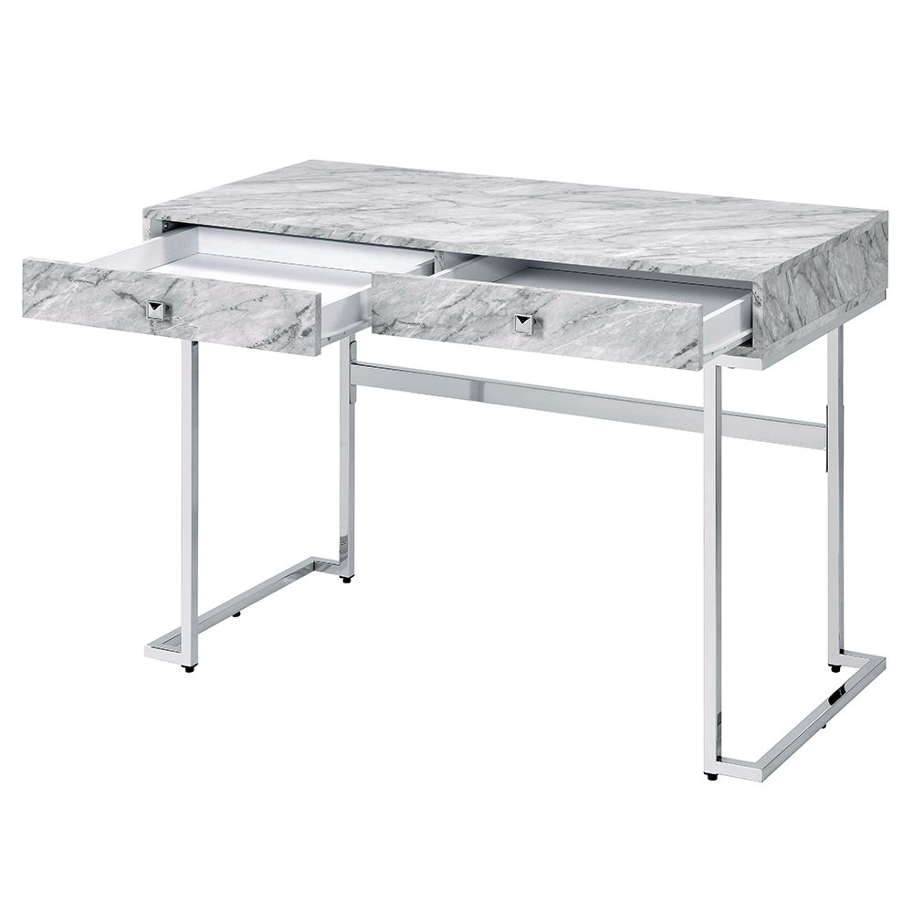 Tigress - Writing Desk - White Printed Faux Marble Top & Chrome, white, view 3