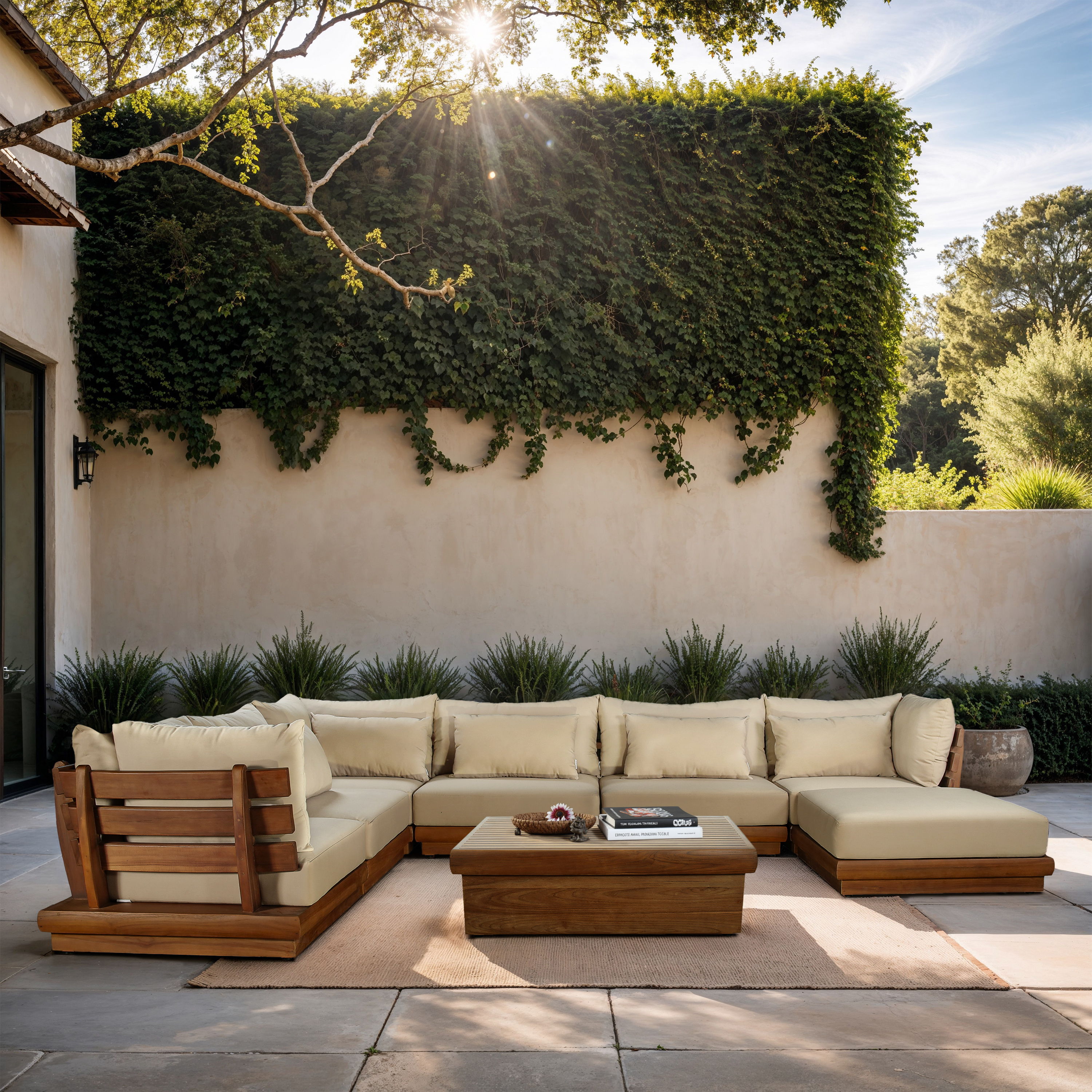 Mirella - 7 Piece Water Resistant Fabric 150" Upholstered Outdoor Patio Modular Sectional - Tan