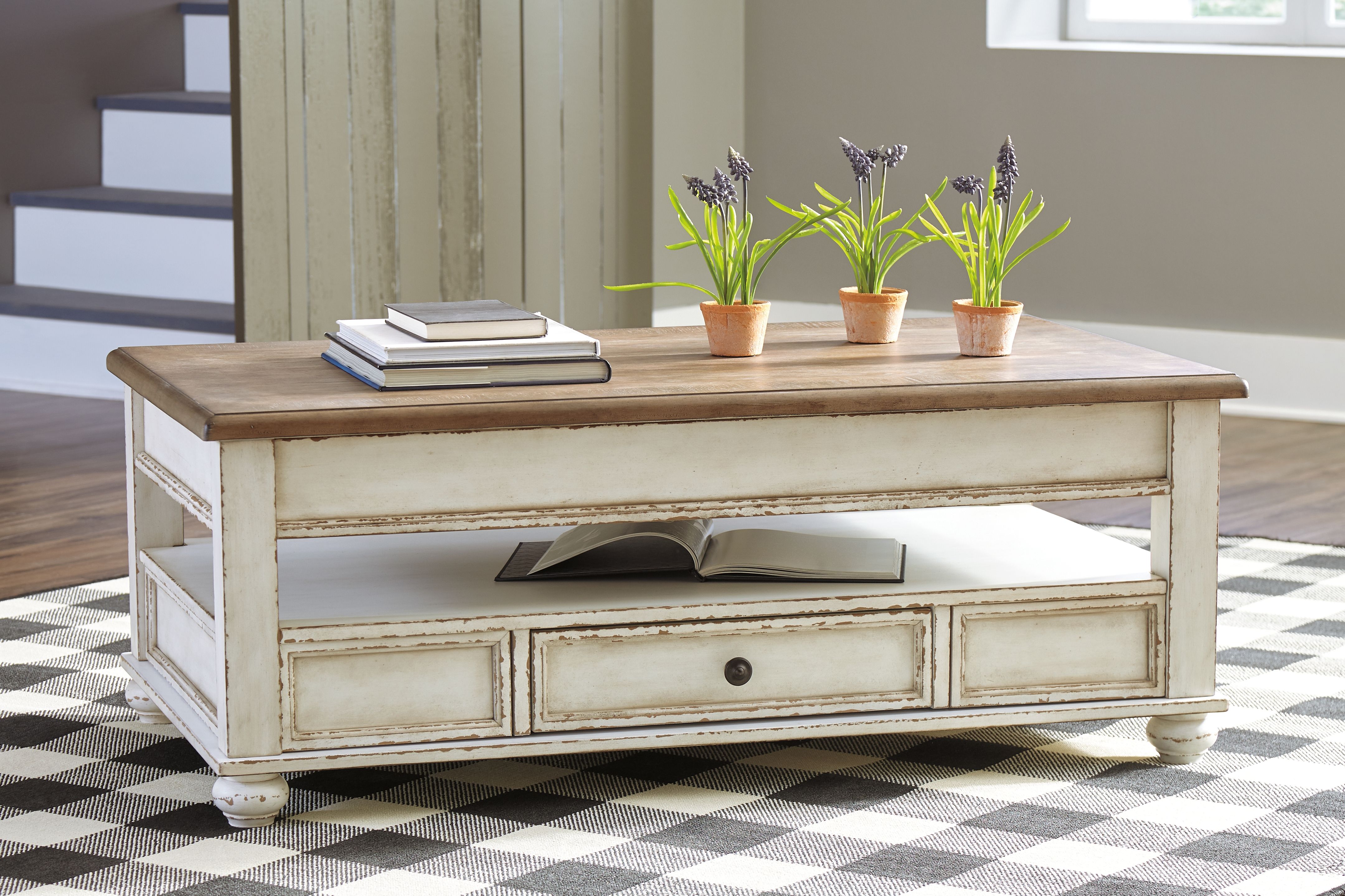 Ashley Furniture Realyn - Lift Top Cocktail Table - White / Brown - Image 2