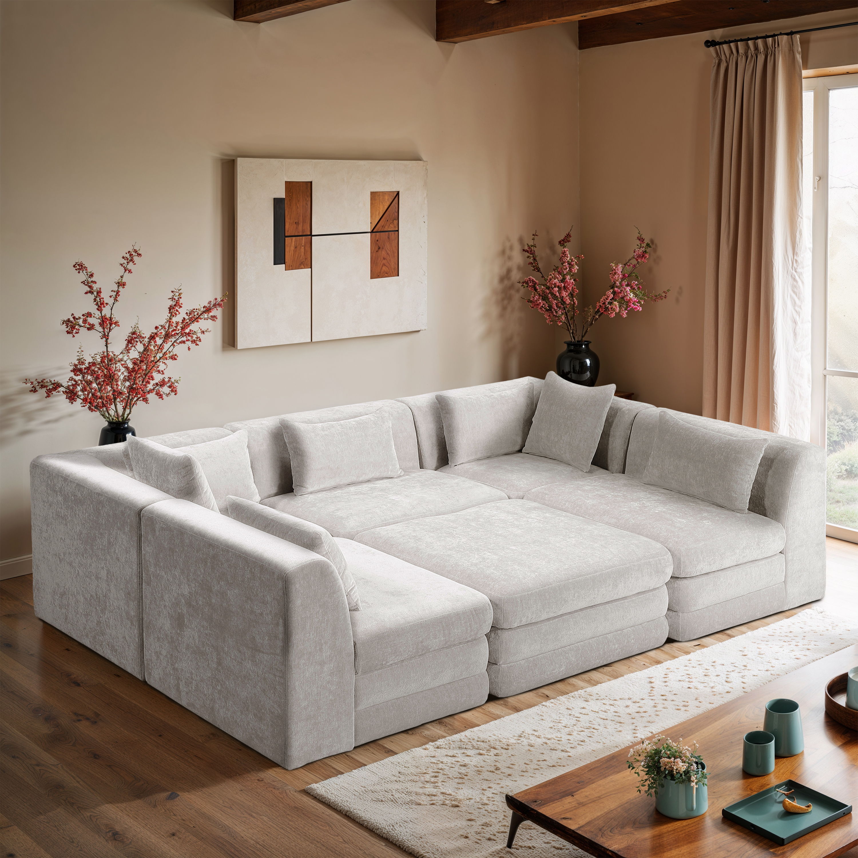 Stellar - 6 Piece Chenille Fabric 114" Upholstered Modular Sectional - Cream