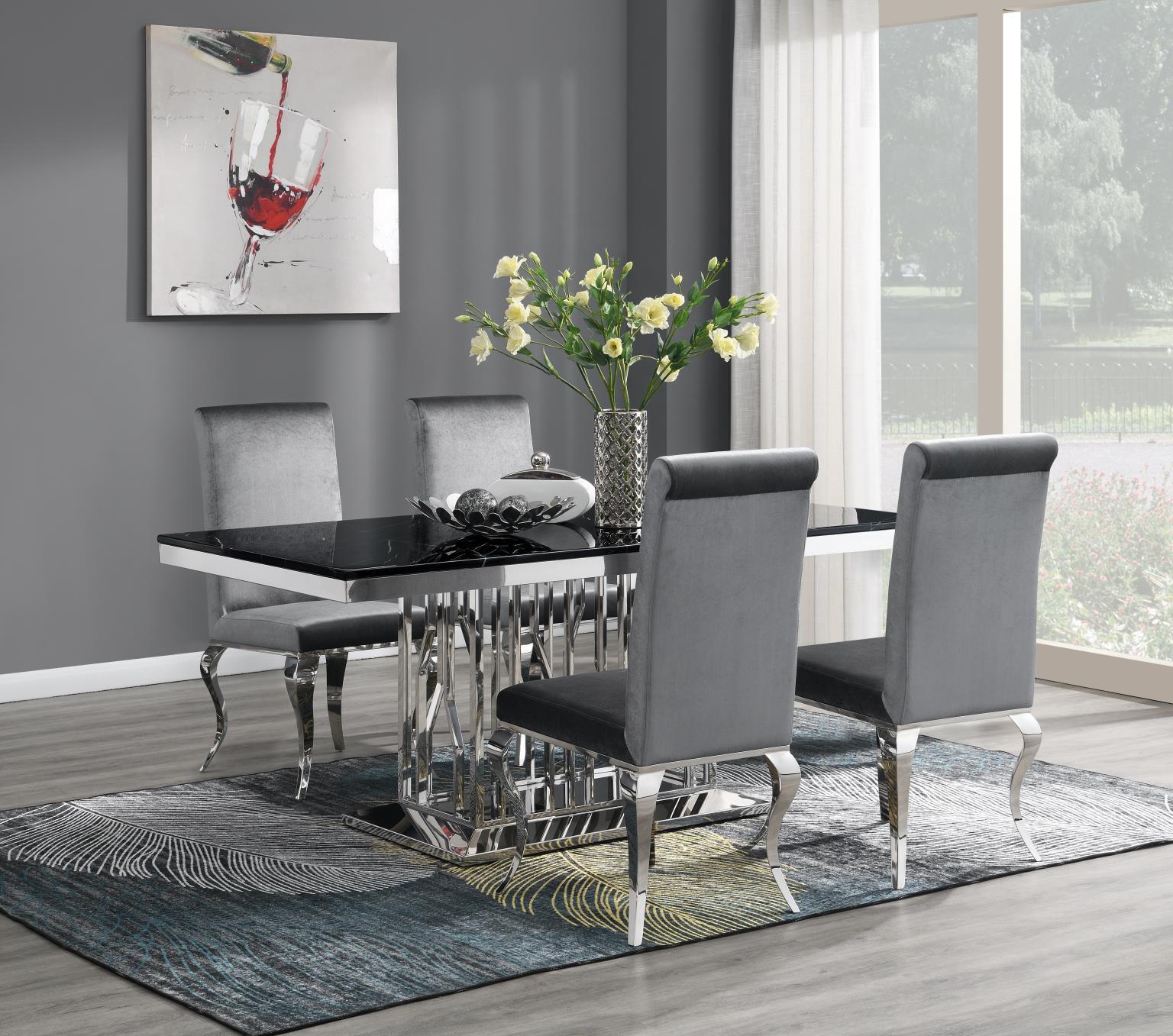 G-081-T-BLACK - 5 Piece Dining Room Set (Table, 4 Velvet Chairs) - Black / Gray