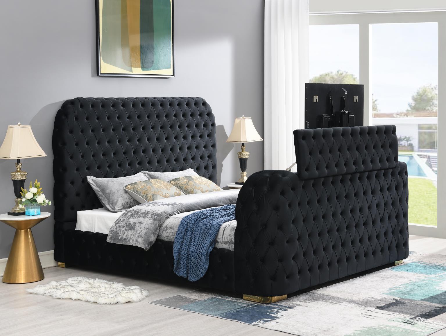 B540 - Velvet Queen Bed With Fireplace, TV Mount & Bluetooth Speaker & USB - Black