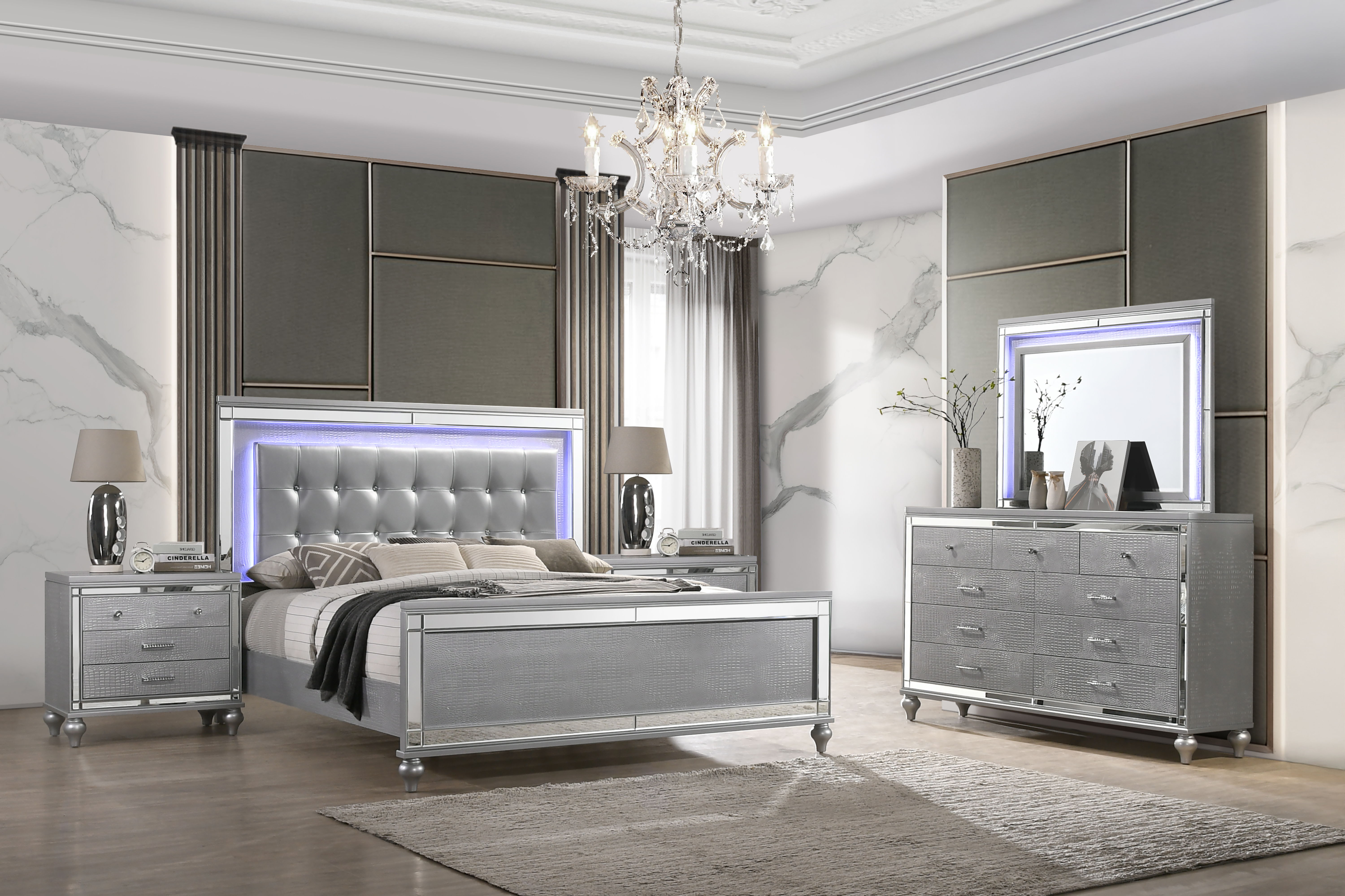 Valentino - 6/6 Eastern King 5 Piece Bedroom Set (Bed & Dresser & Mirror & 2 Nightstands) - Silver