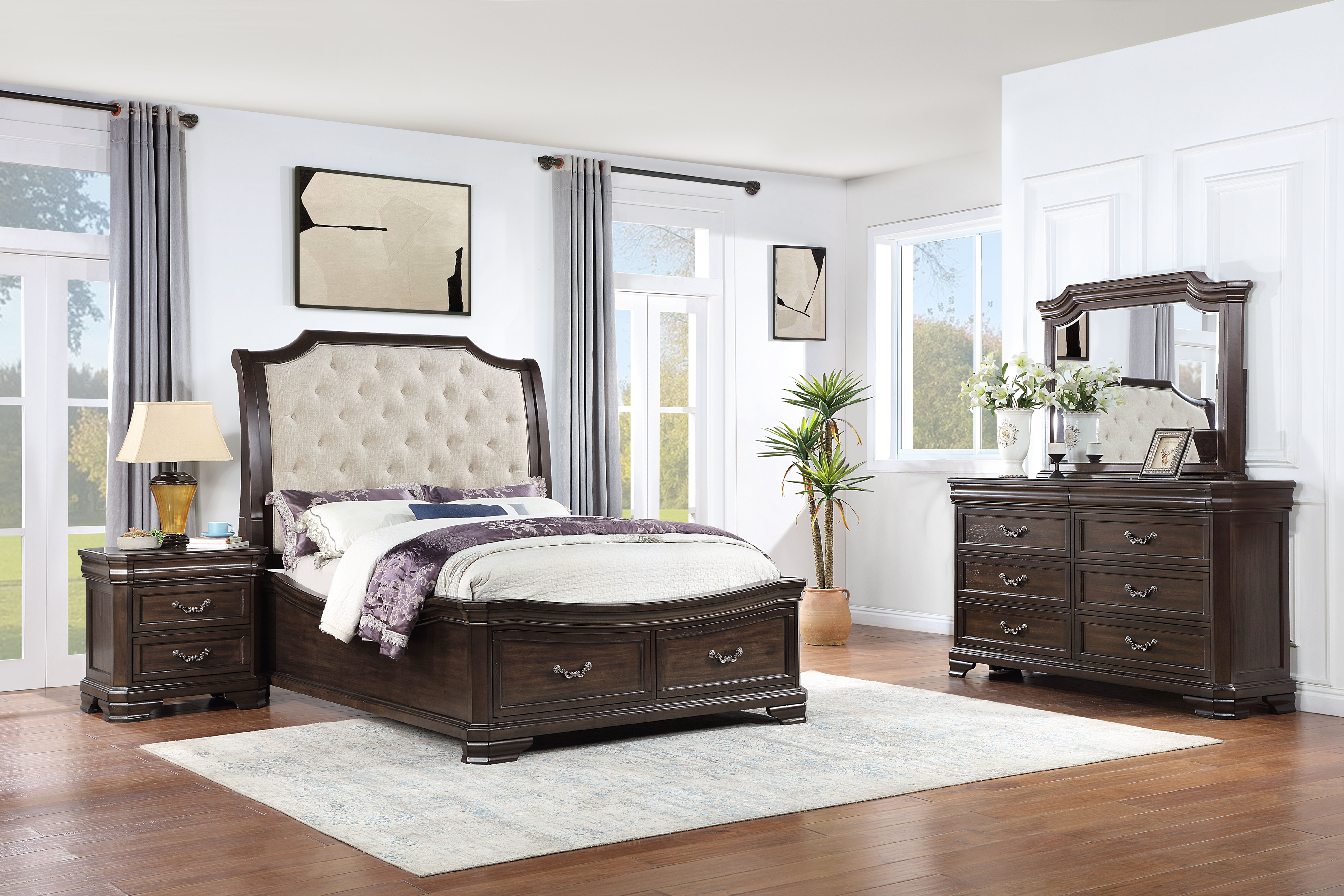 Lyndhurst - 5/0 Queen 4 Piece Bedroom Set (Bed, Dresser, Mirror, Nightstand) - Walnut