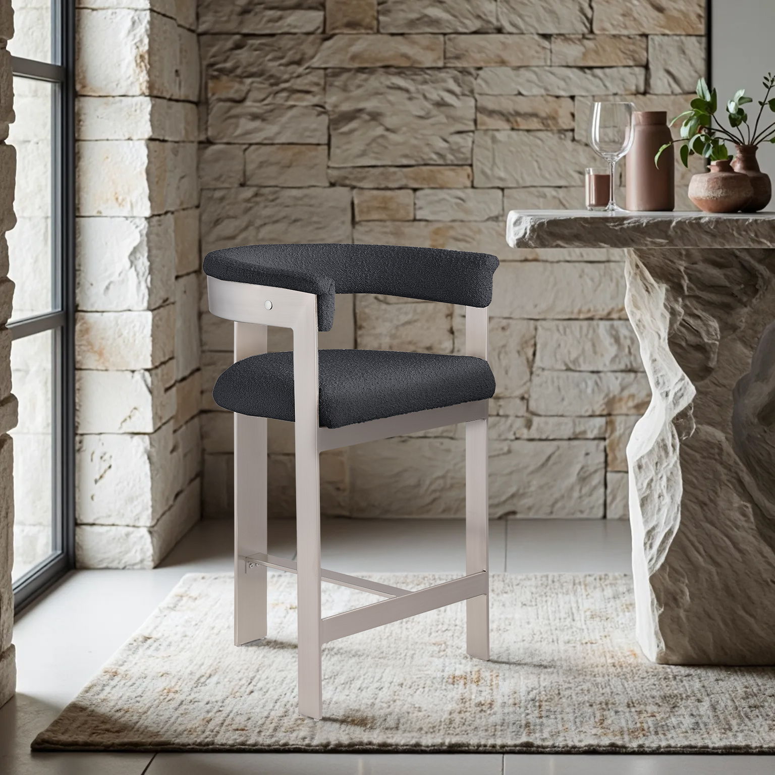 Romeo - Boucle Counter Stool With Silver Base (Set of 2) - Black