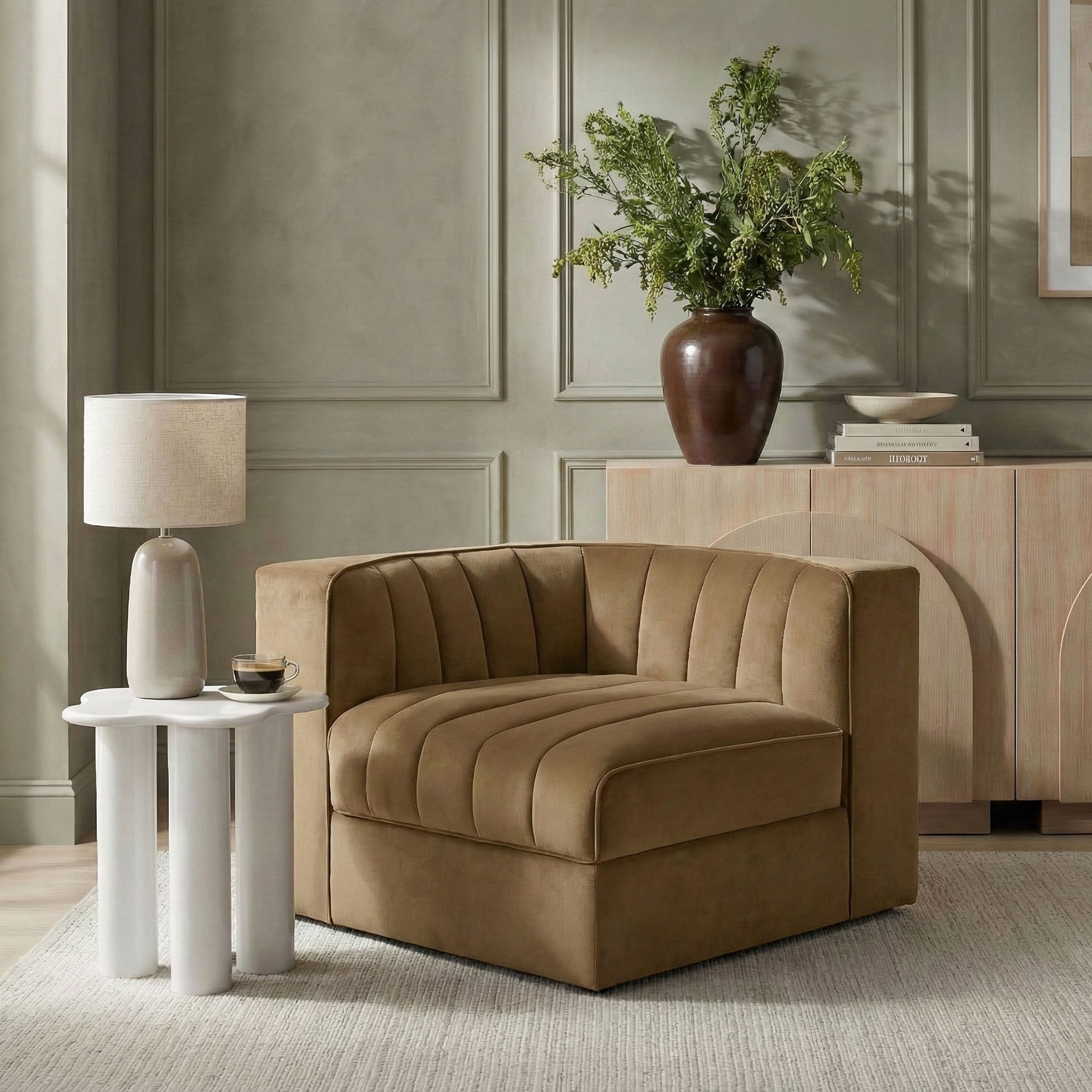 Rummi - Velvet Performance Fabric Upholstered Modular Corner Chair - Saddle
