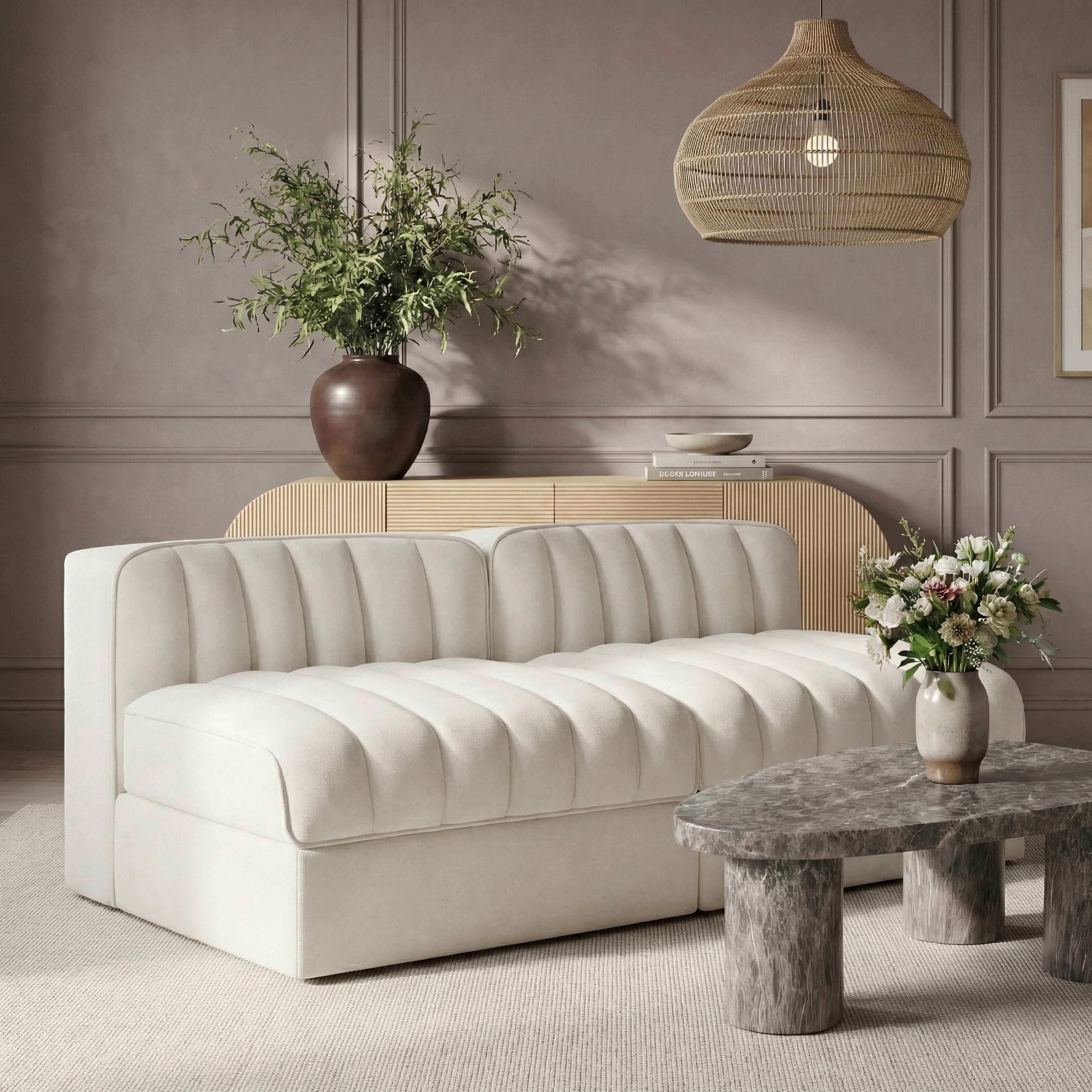 Rummi - Velvet Performance Fabric Upholstered 2 Piece Modular Armless Loveseat - Cream