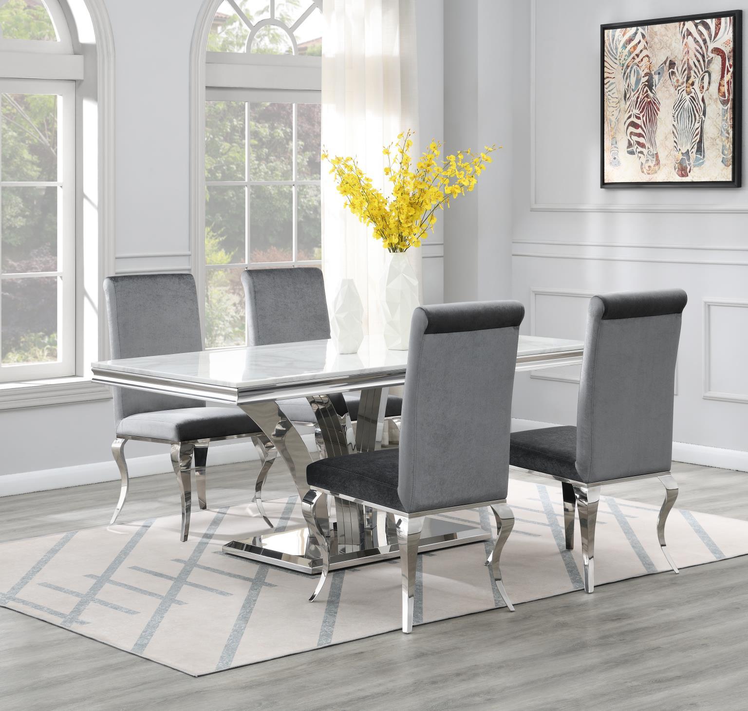 G-083-T-WHITE - 5 Piece Dining Room Set (Table, 4 Velvet Chairs) - White / Gray