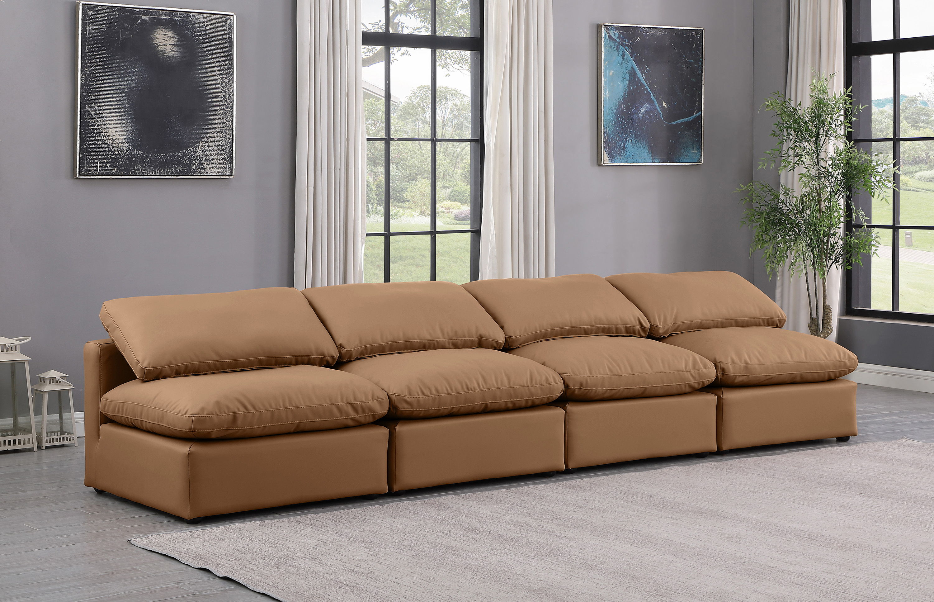 Indulge - Faux Leather 4 Piece Modular Armless Sofa - Cognac