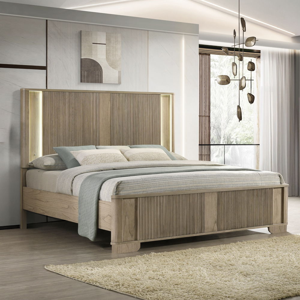 Lakkari - Queen Bed With LED - Antique Oak, light brown, view 3