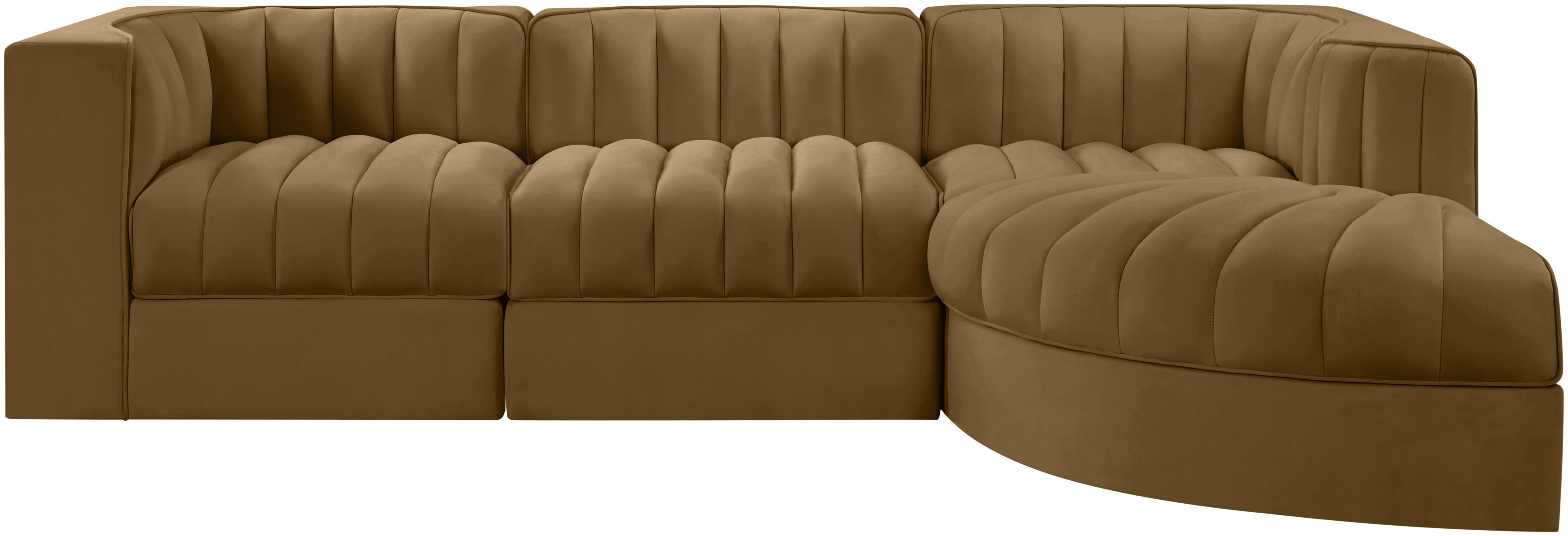 Rummi - Velvet Performance Fabric Upholstered 4 Piece Modular Sectional, With Reverse Corner Chair - Saddle