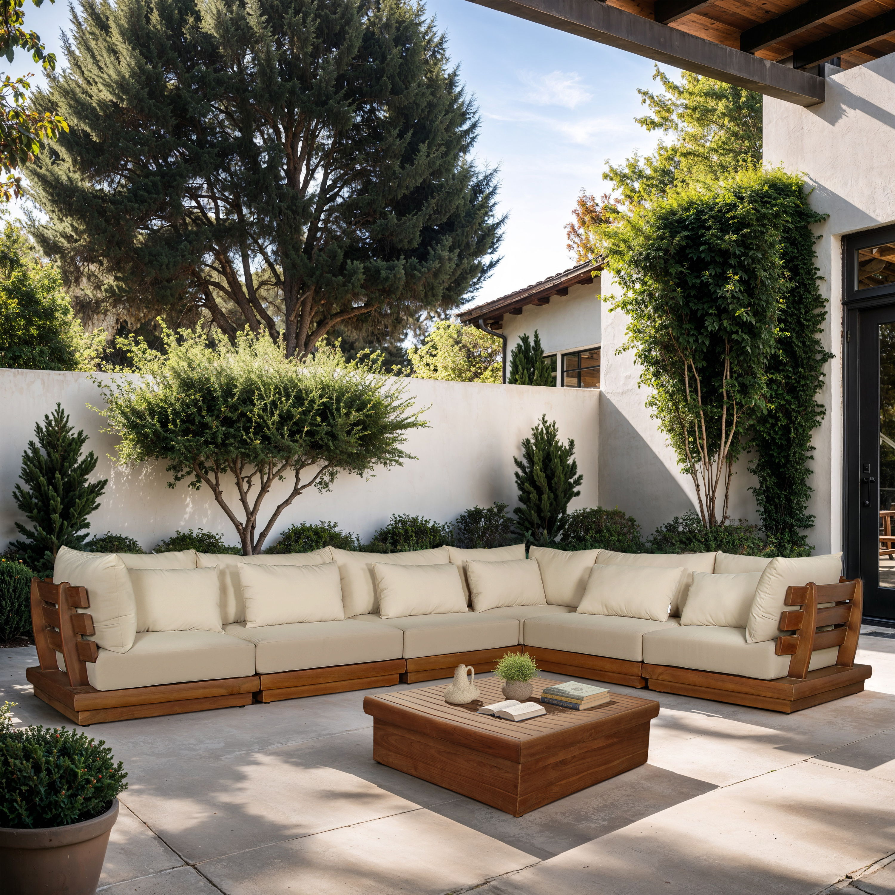 Mirella - 6 Piece Water Resistant Fabric 150" Outdoor Patio Modular Sectional - Tan