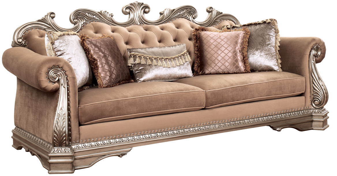 Northville - Sofa With 5 Pillows - Velvet & Antique Silver, light brown