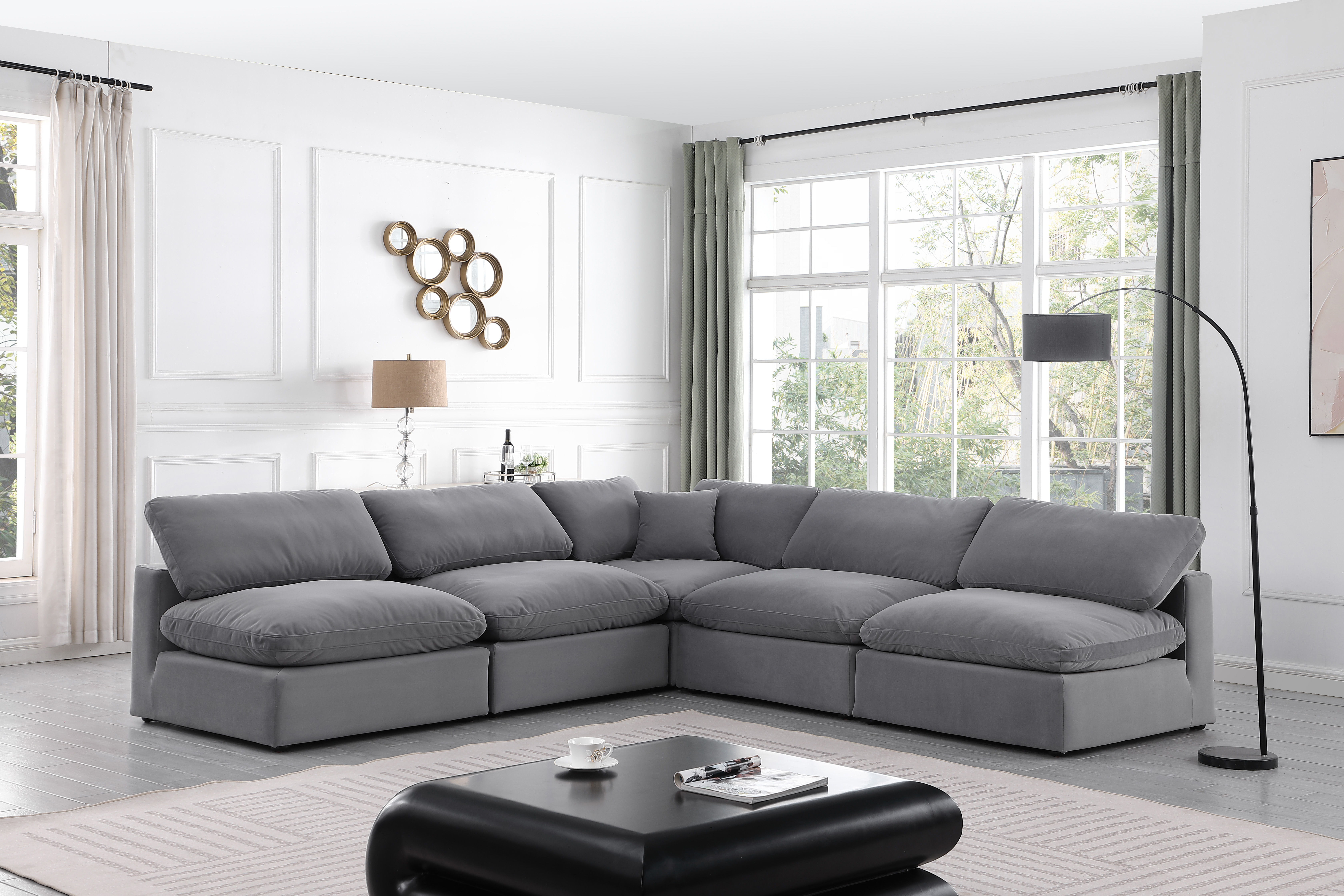 Comfy - 5 Piece Velvet Modular Corner Armless Sectional - Dark Gray