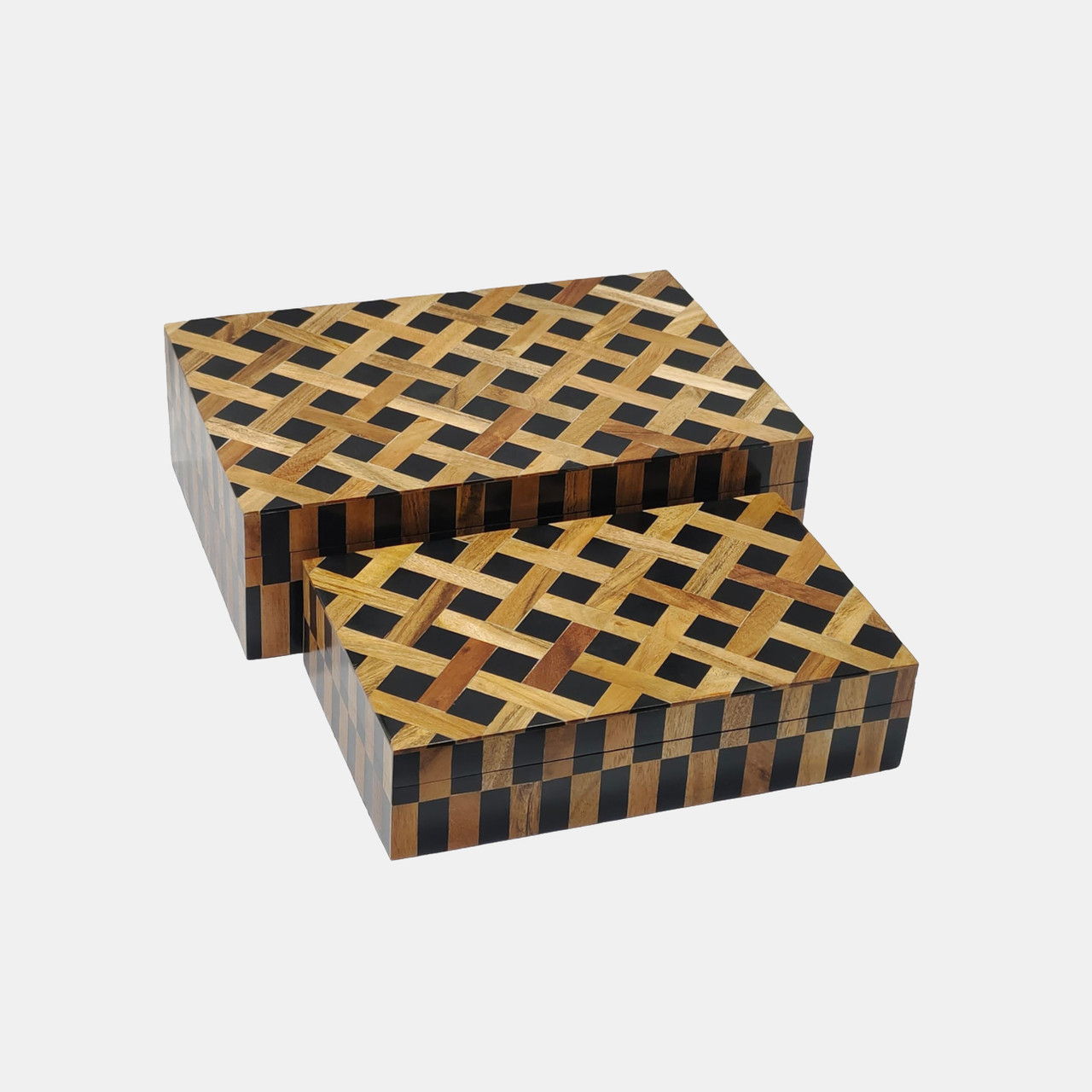 10\" / 12\" Wood Weave On Resin Boxes (Set of 2) - Natural / Black