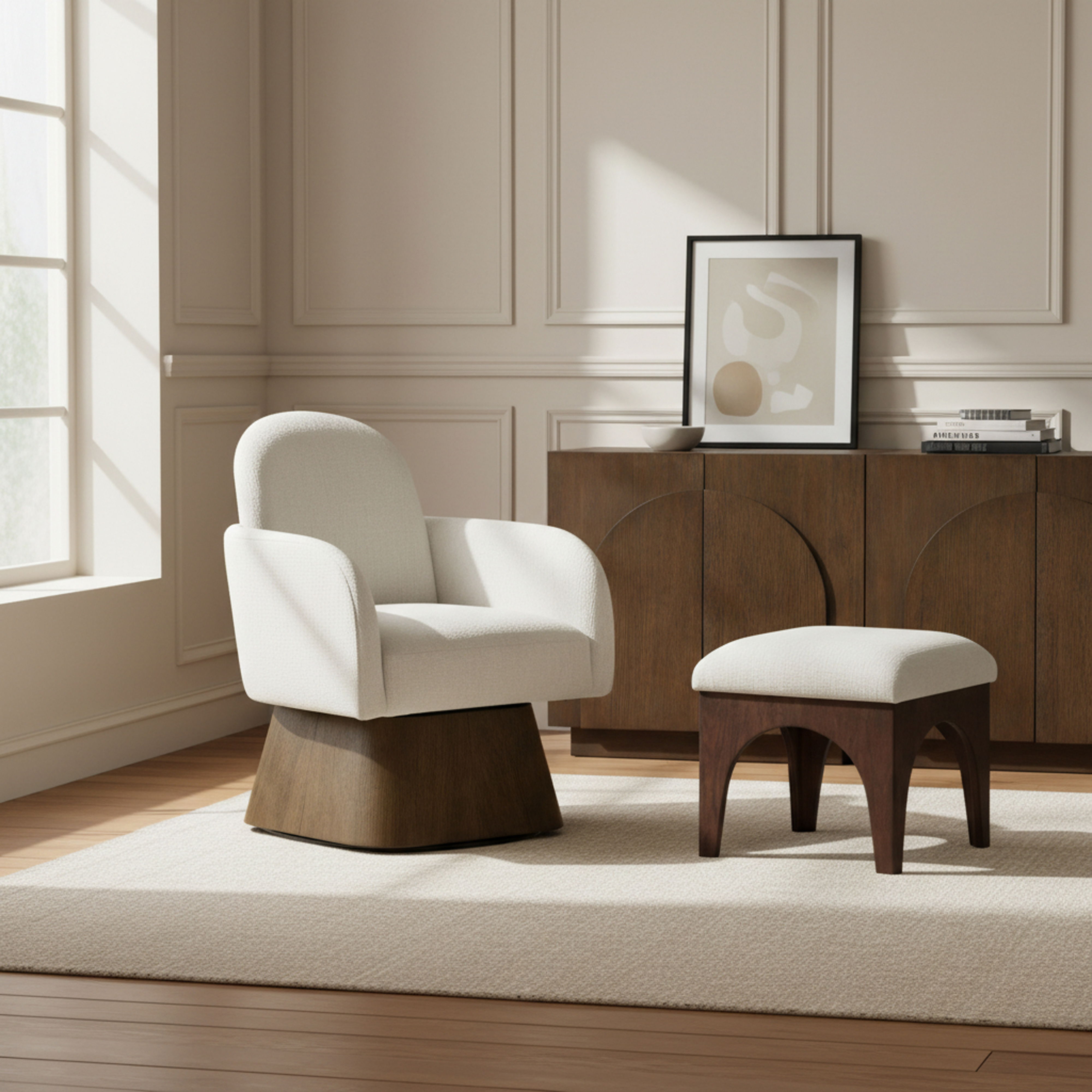 Marlowe - Linen Textured Fabric Upholstered Swivel Accent Chair - Cream / Stained Brown