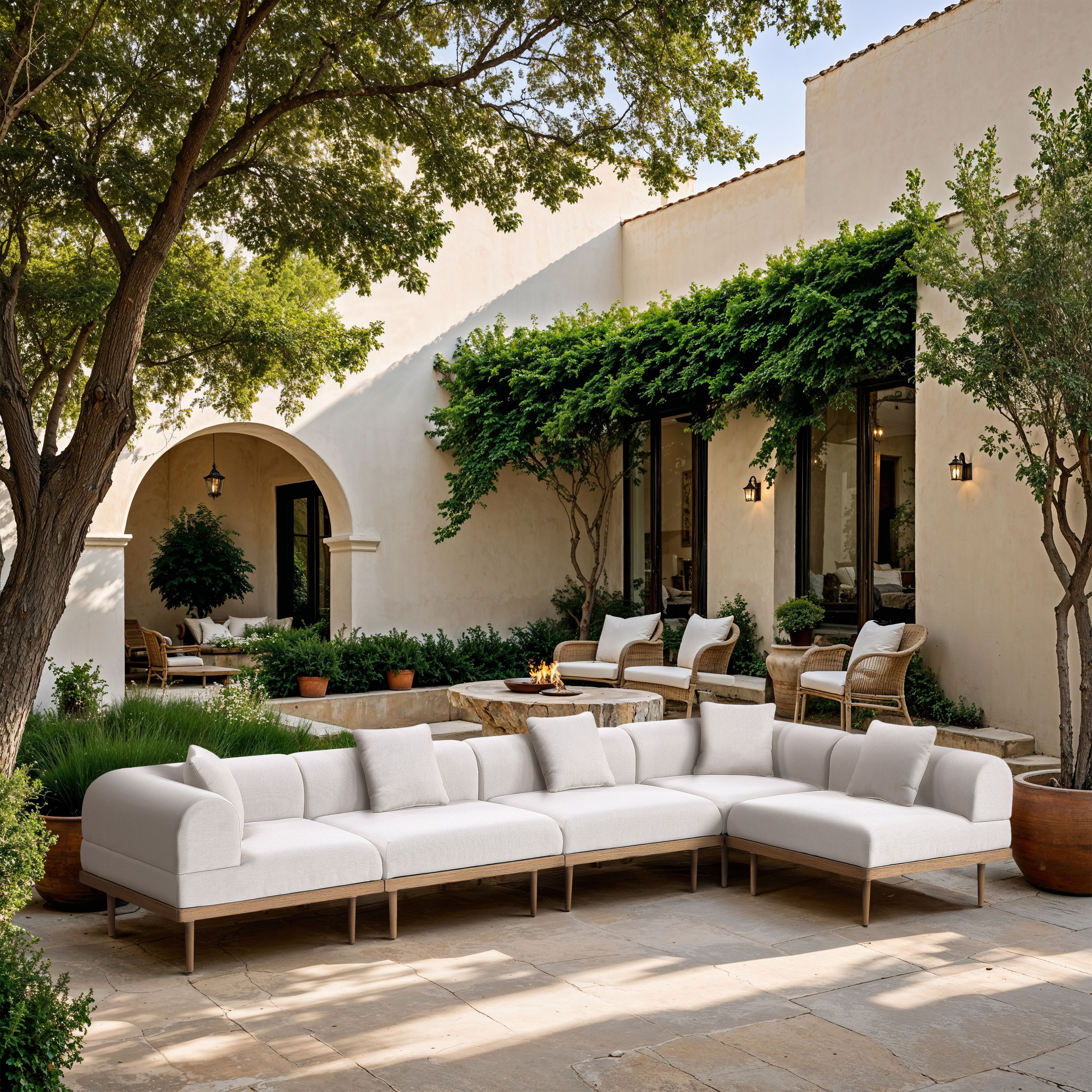 Laguna - 5 Piece Resilient Water Resistant Fabric 142" Upholstered Outdoor Patio Modular Sectional - Cream