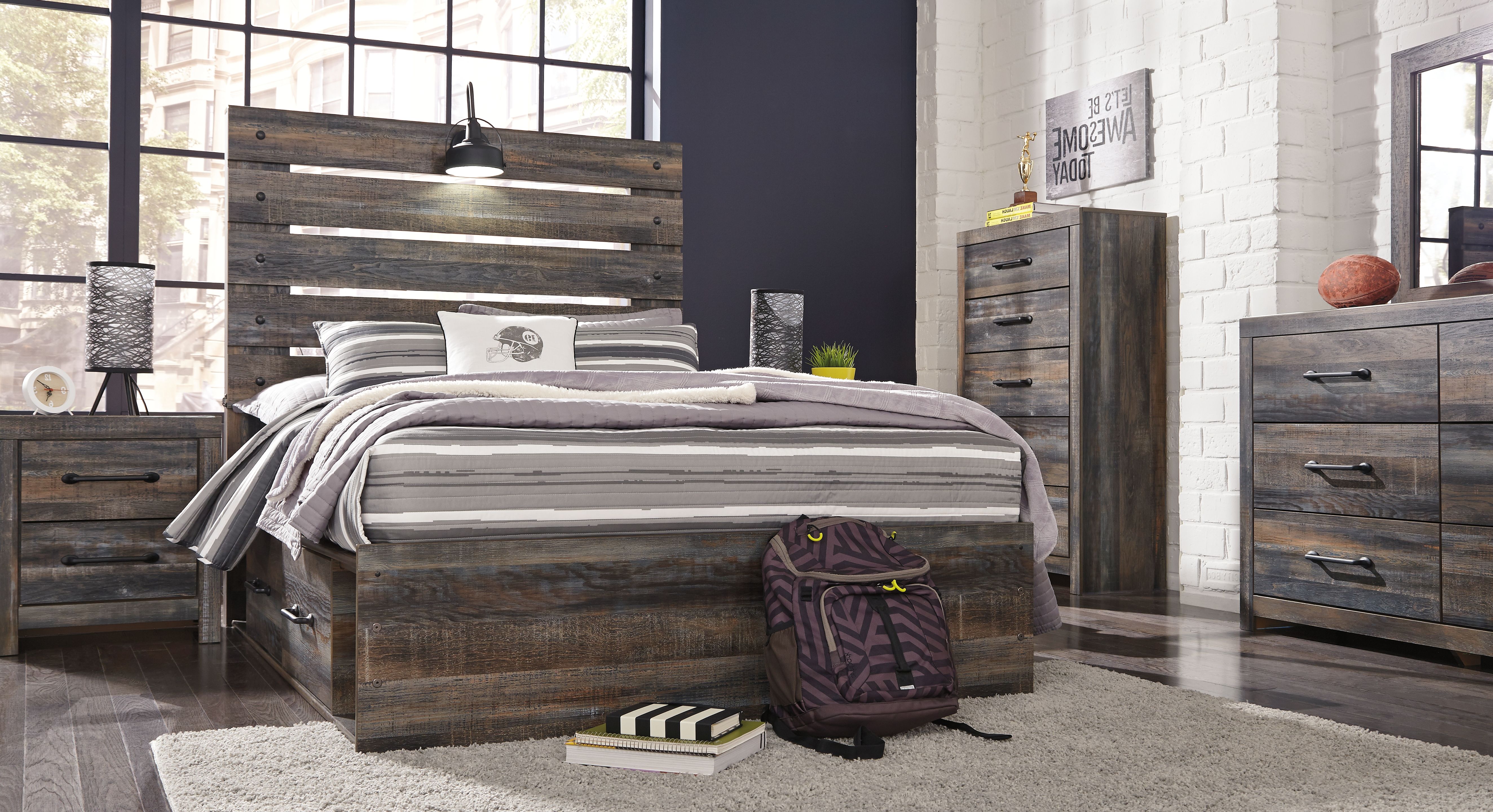 Ashley Furniture Drystan - Full Panel Bed With 2 Side Drawers - Brown / Beige - Image 4