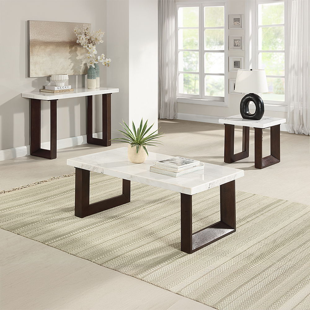 Edwyn - Coffee Table With Marble Top - White Natural Marble Top & Brown, white, view 3