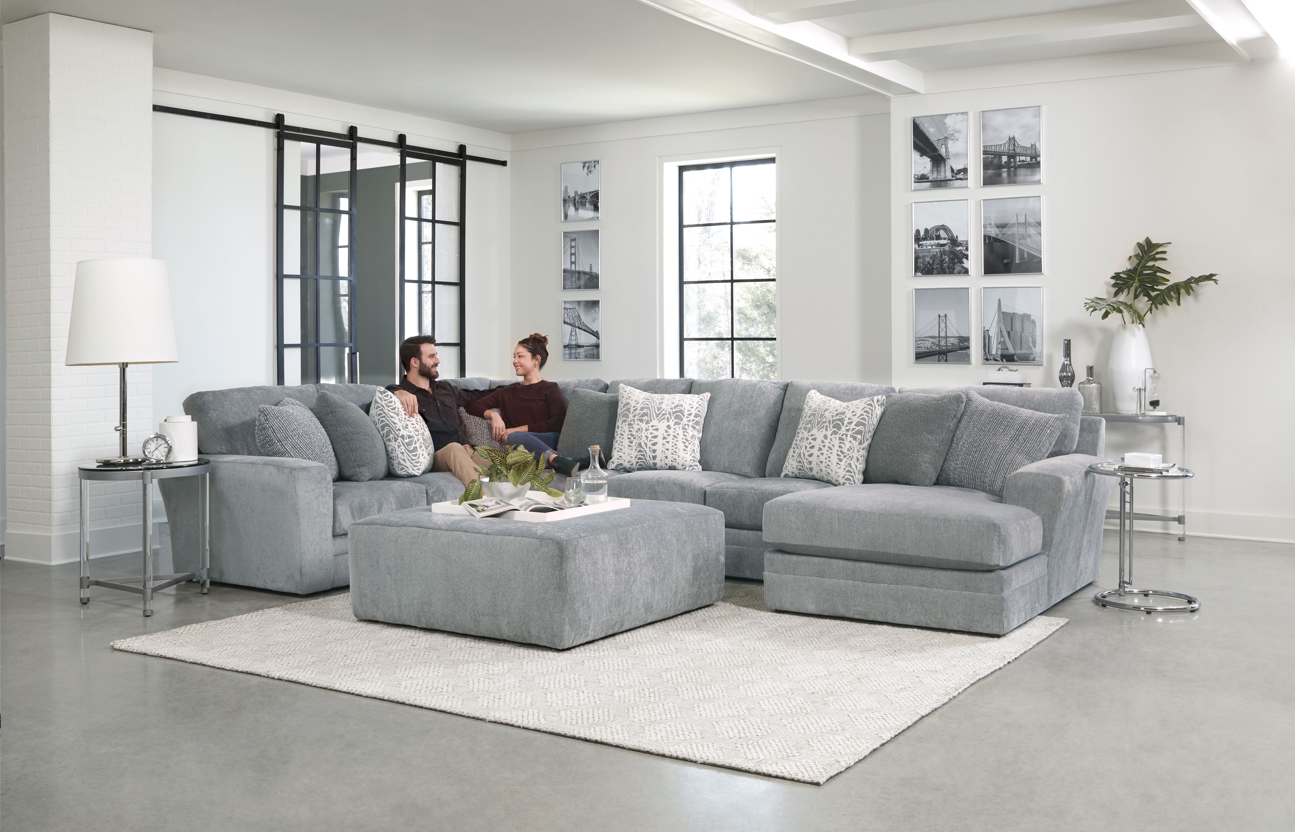 Glacier - 3 Piece Sectional With RSF Chaise, Comfort Coil Seating, 9 Included Accent Pillows And Cocktail Ottoman Image